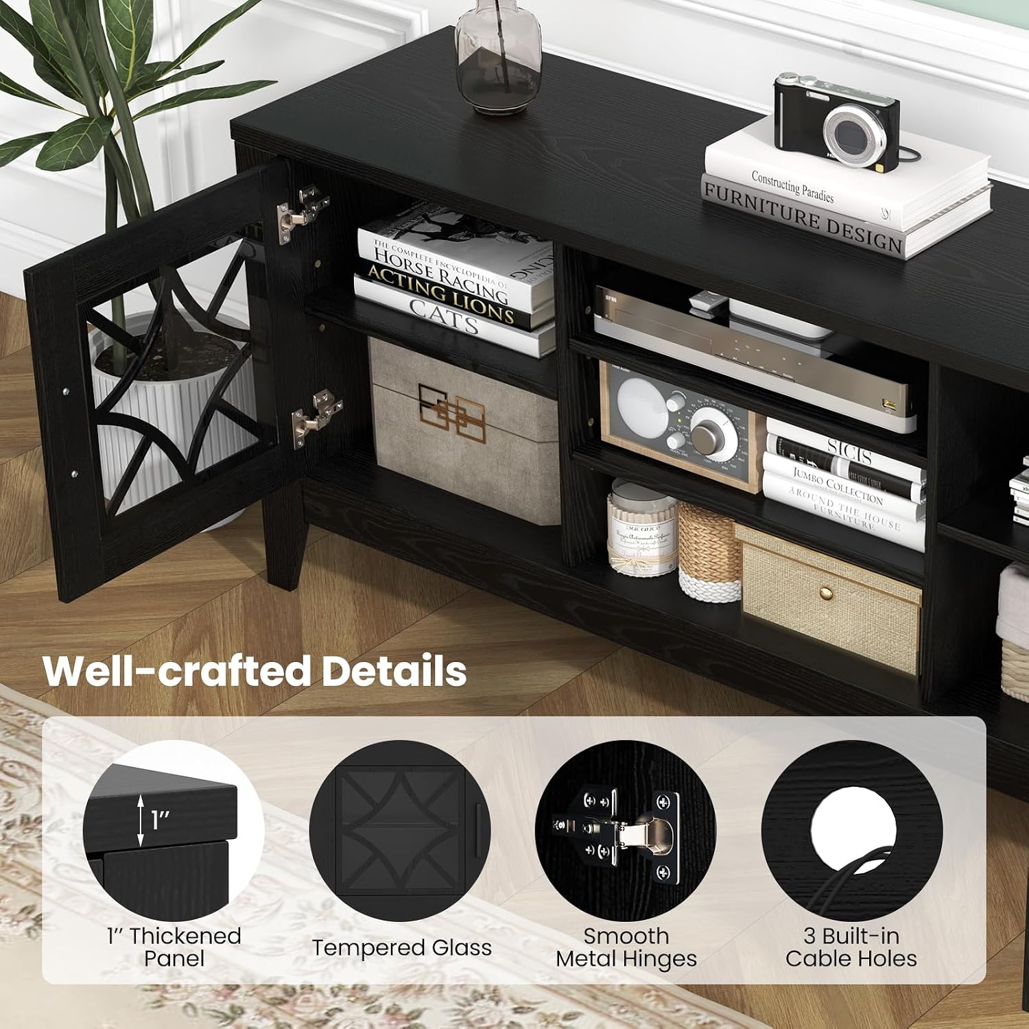 Tangkula Farmhouse TV Stand for TVs Up to 65-in, Classic Media Entertainment Center w/Glass Door Cabinets & 4 Adjustable Shelves, Modern TV Console Table w/ 3 Cable Holes for Living Room (Black)