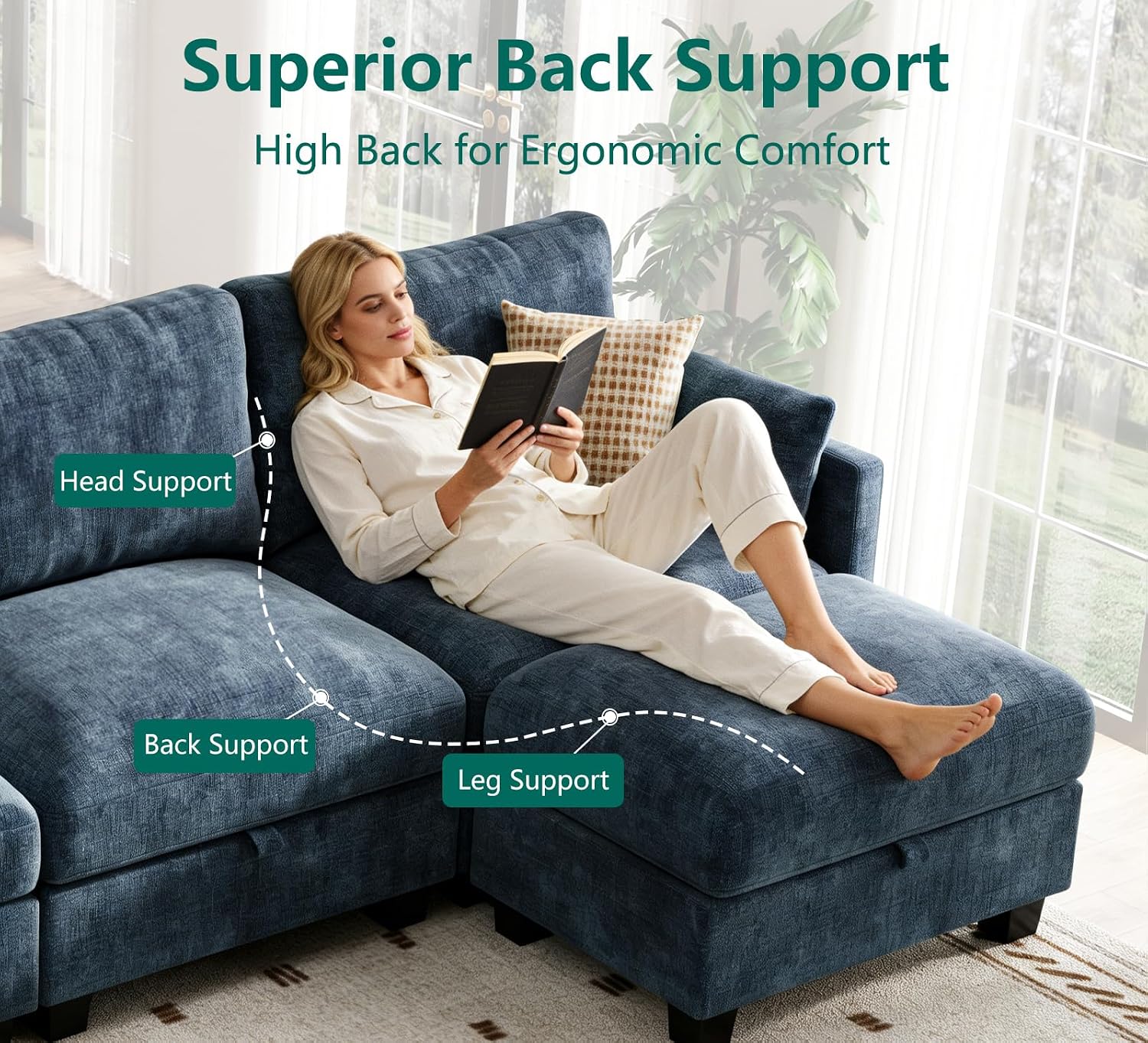 Modular Sectional U Shaped Sofa Couches for Living Room, Cloud Couch with Storage Ottoman, Comfy Chenille Sofa with Pillow, Blue