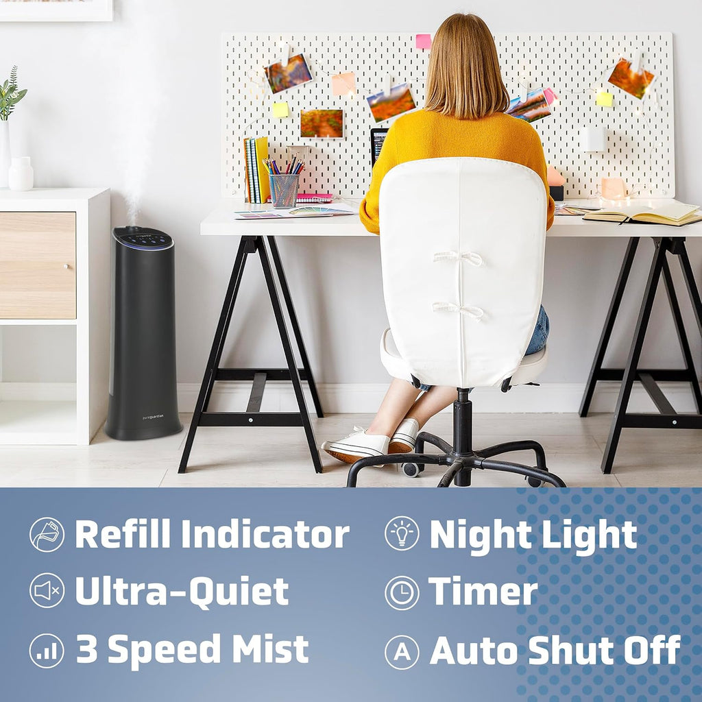Pure Guardian Ultrasonic Cool Mist Humidifier, 100 Hour Run Time, 1.5 Gallon Tank, 440 Sq. Ft. Coverage, Medium Rooms, Quiet, Filter Free, Black, H3200BAR