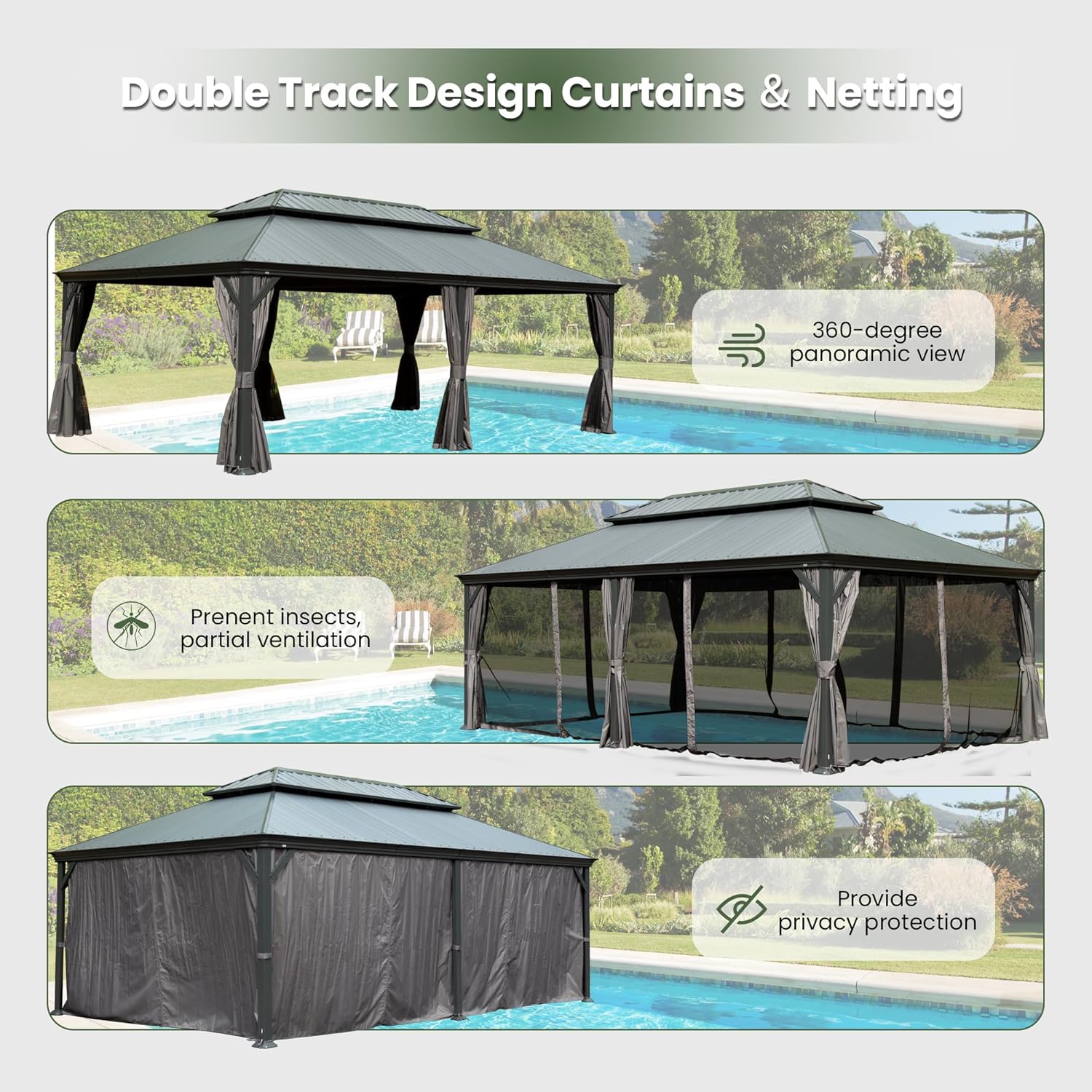Domi 14' X 22' Hardtop Gazebo, Upgraded Metal Gazebo with Dual-Layer Resin Roof, Drainage System, Curtain and Netting, Outdoor Shelter Canopy for Patio, Garden, and Backyard, Grey