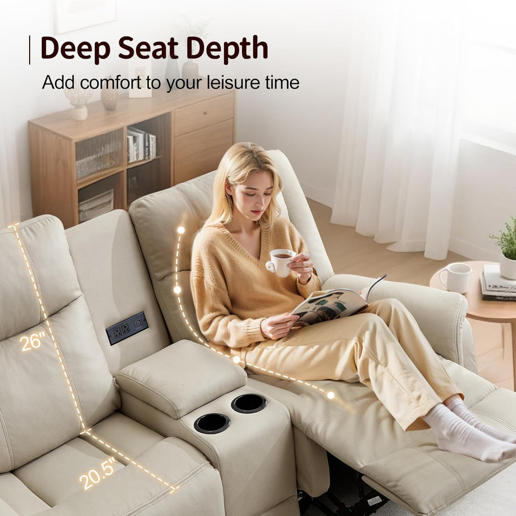 Korser Loveseat Recliner Sofa, Reclining Loveseat Couch, Reclining Couch with Console, USB Port, US Outlets, and Cup Holders, 2-Seater Sofa for Living Room (2-Seater, Khaki)