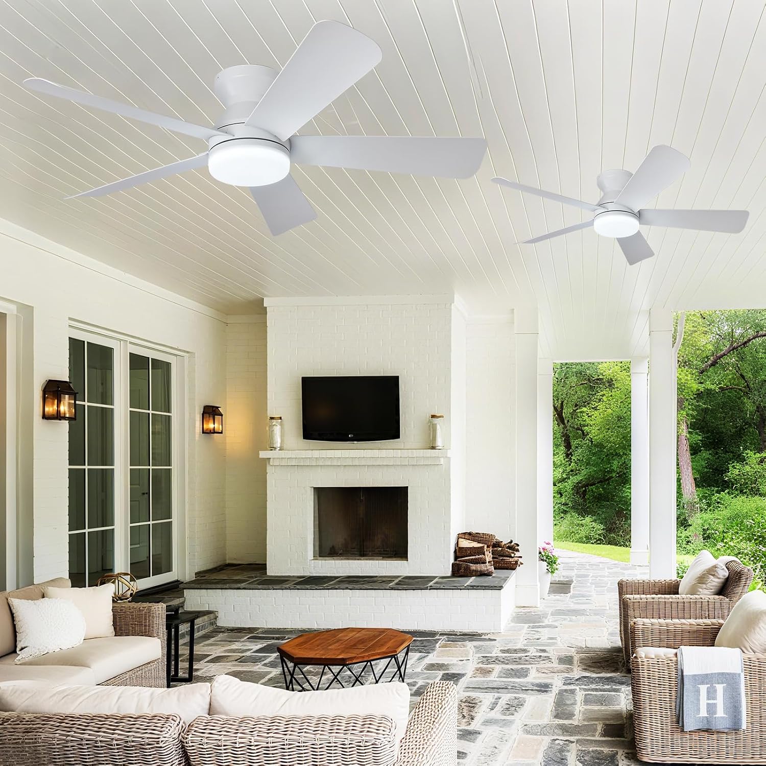 Depuley 42-Inch Ceiling Fans with Lights: Flush Mount Ceiling Fan with Remote Control Indoor/Outdoor - White 5 Blade Low Profile Fandelier for Kitchen Gazebo - Reversible Quiet Timer - 2 Packs