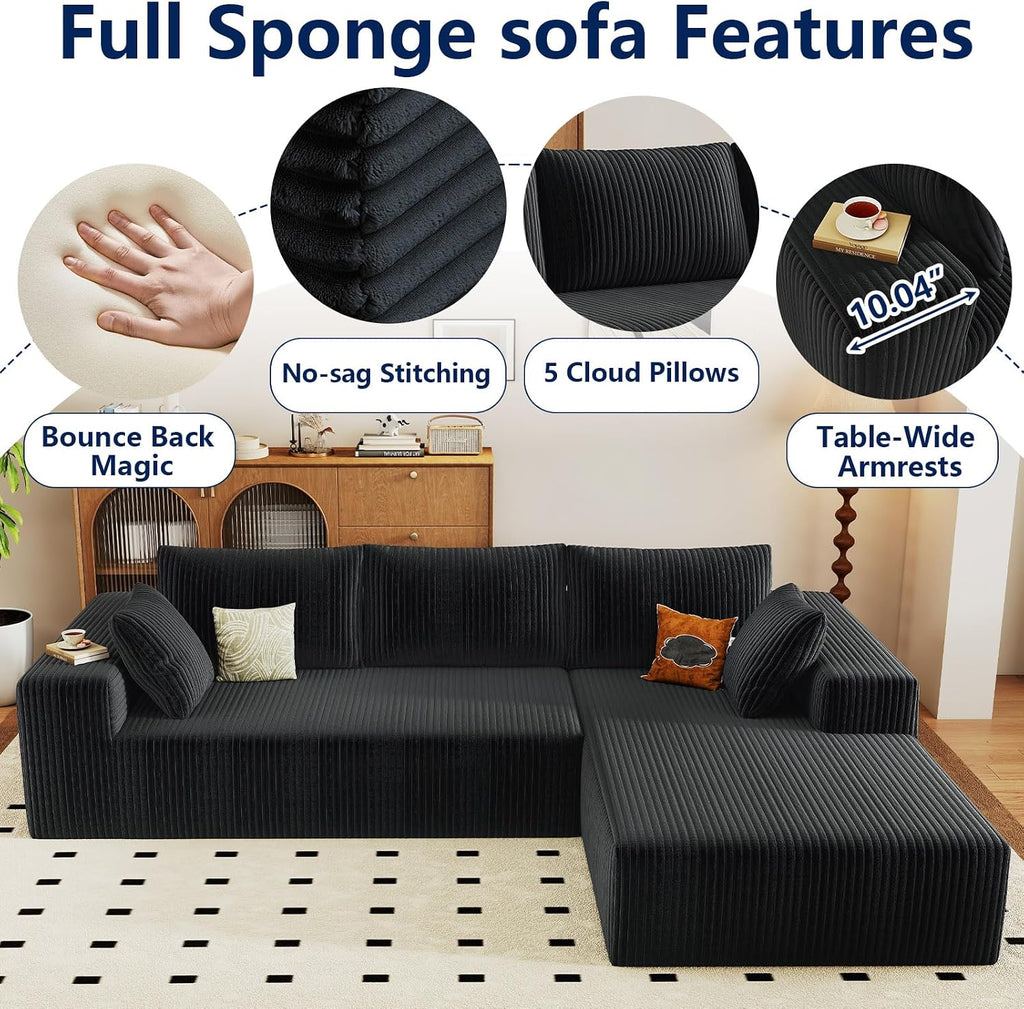 96' Modular Sectional Sofa, Modern Corduroy Cloud Couch with Deep Seat, Boneless Couch Upholstered 3-Seater L-Shaped Sofa for Living Room, No Assembly Required (Black, Right-Facing Chaise)