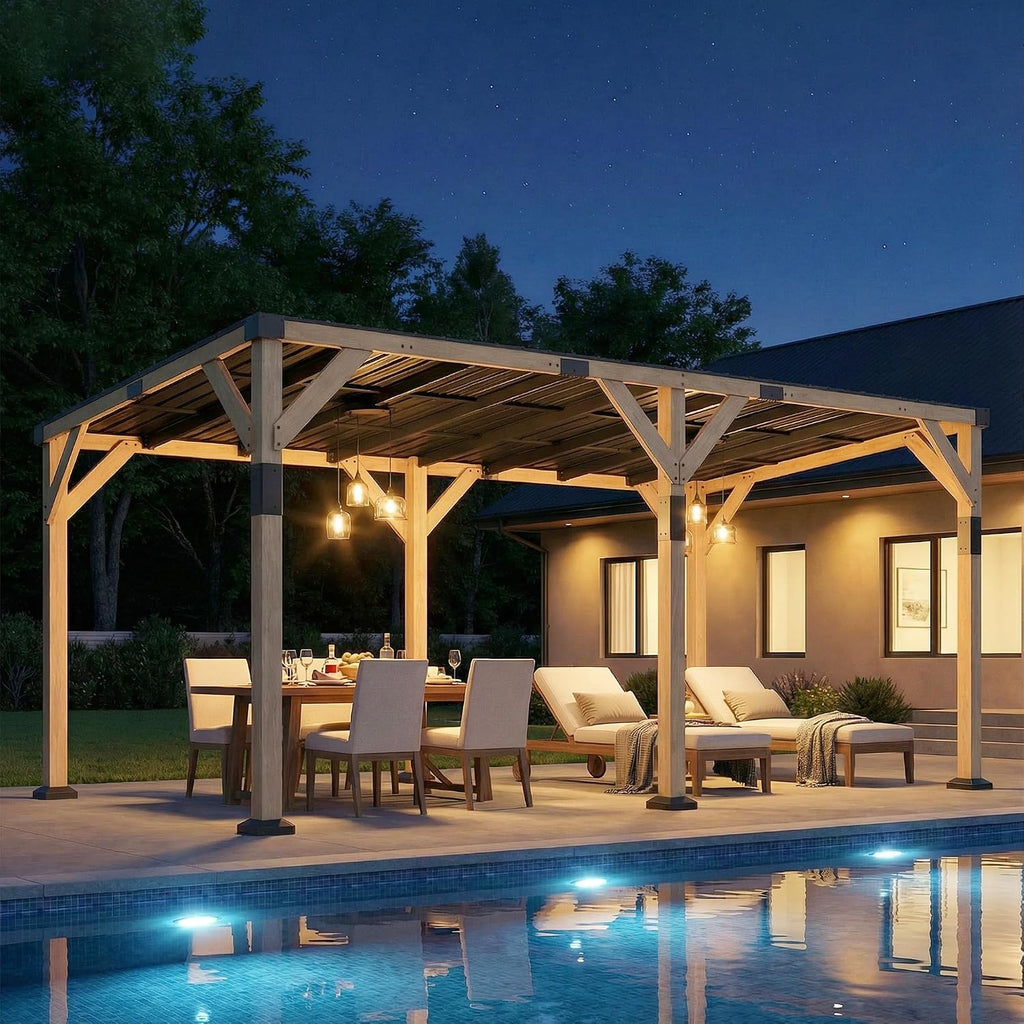 Outsunny 10' x 20' Wooden Gazebo, Hardtop Lean-to Gazebo Pergola with Galvanized Steel Sloped Roof, Large Heavy Duty Awning for Patio, Deck, Backyard, Light Walnut