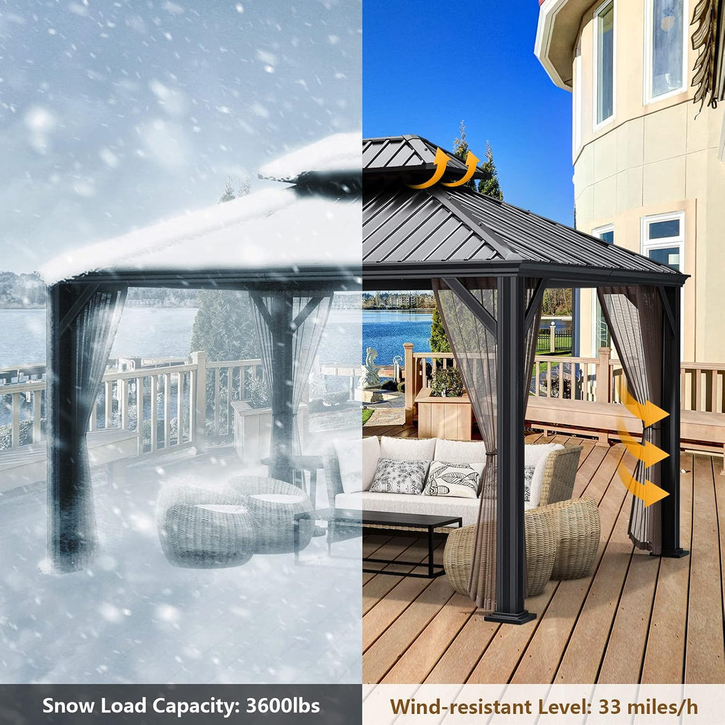 Tangkula 12ft x 10ft Hardtop Gazebo, 2-Tier Outdoor Gazebo w/Double Vented Roof & Central Hook, Galvanized Steel Frame Patio Sun Shelter for Lawn Backyard Poolside Deck (Brown)
