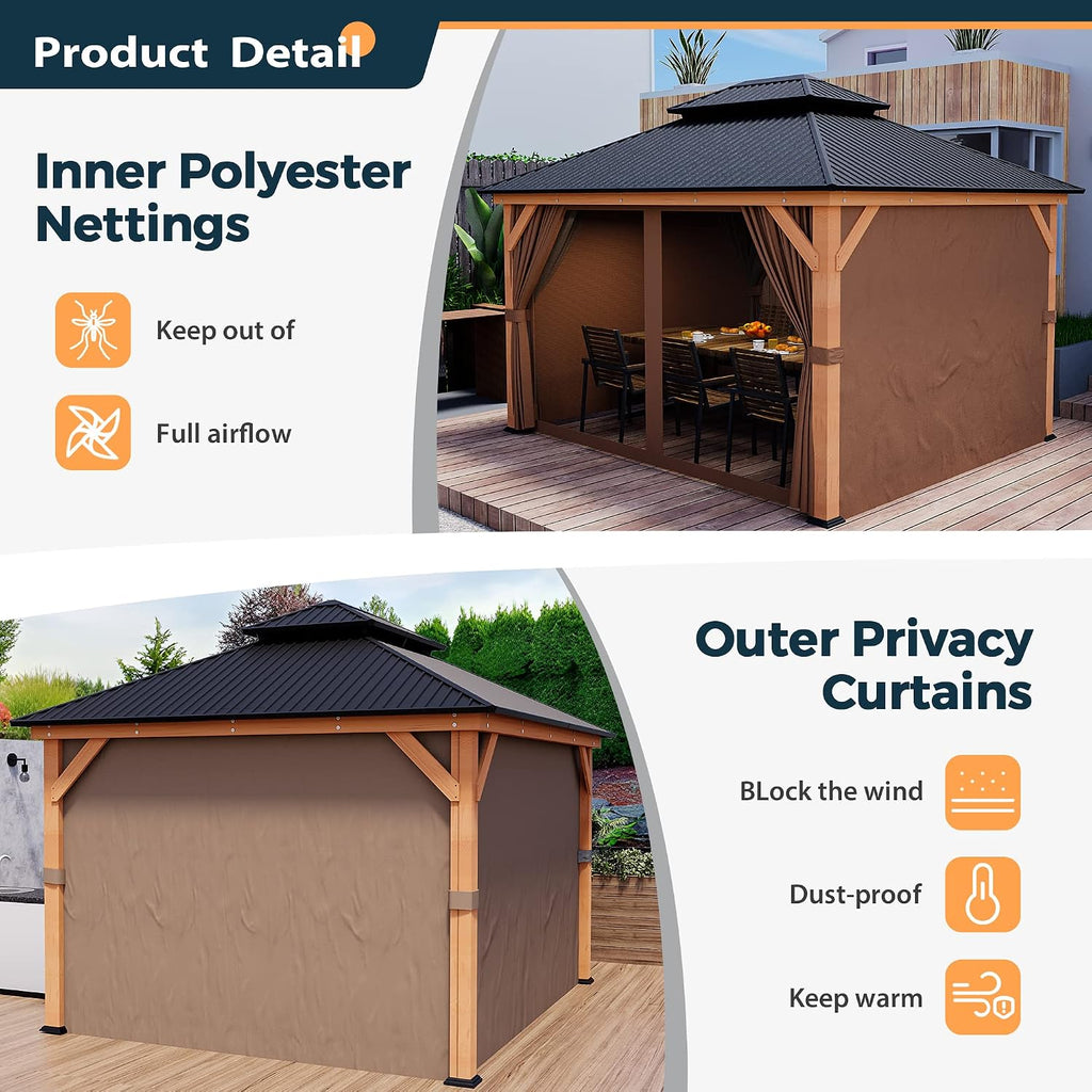 HAPPATIO 11' × 13' Wood Gazebo, Outdoor Hardtop Gazebo with Mosquito Netting and Curtains, Double Metal Roof Patio Hard Top for Garden, Patio, Deck, Parties (Brown)