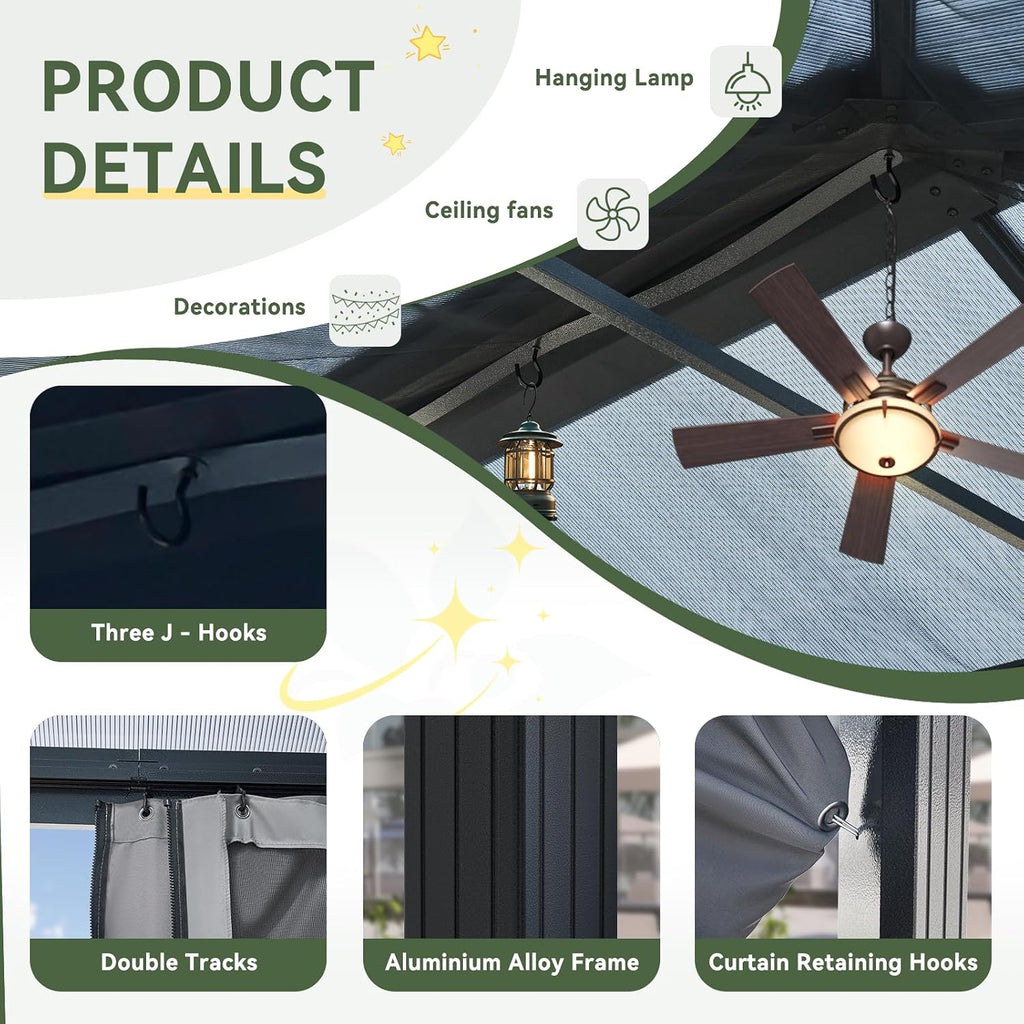 Aoxun 12x16FT Hardtop Gazebo, Aluminum Frame Permanent Pavilion with Curtains and Netting, Outdoor Polycarbonate Double Roof Canopy, Designed for Garden, Lawns, Patio