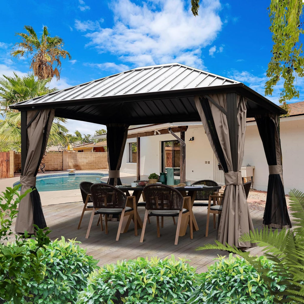 Kozyard10'x12' Hardtop Gazebo Permanent Metal Pavilion with Netting and Shaded Curtains for Patio, Backyard, and Deck - Galvanized Steel Outdoor Aluminum Canopy, Double Roof Gazebo (Brown)