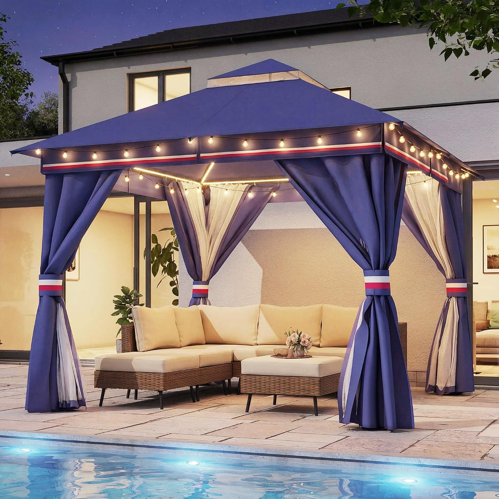 LAUSAINT HOME 10'x10' Outdoor Patio Gazebo with 50FT String Lights, Heavy Duty Party Tent & Shelter with Double Roofs, Mosquito Nettings and Privacy Screens for Backyard, Garden, Deck (Klein Blue)