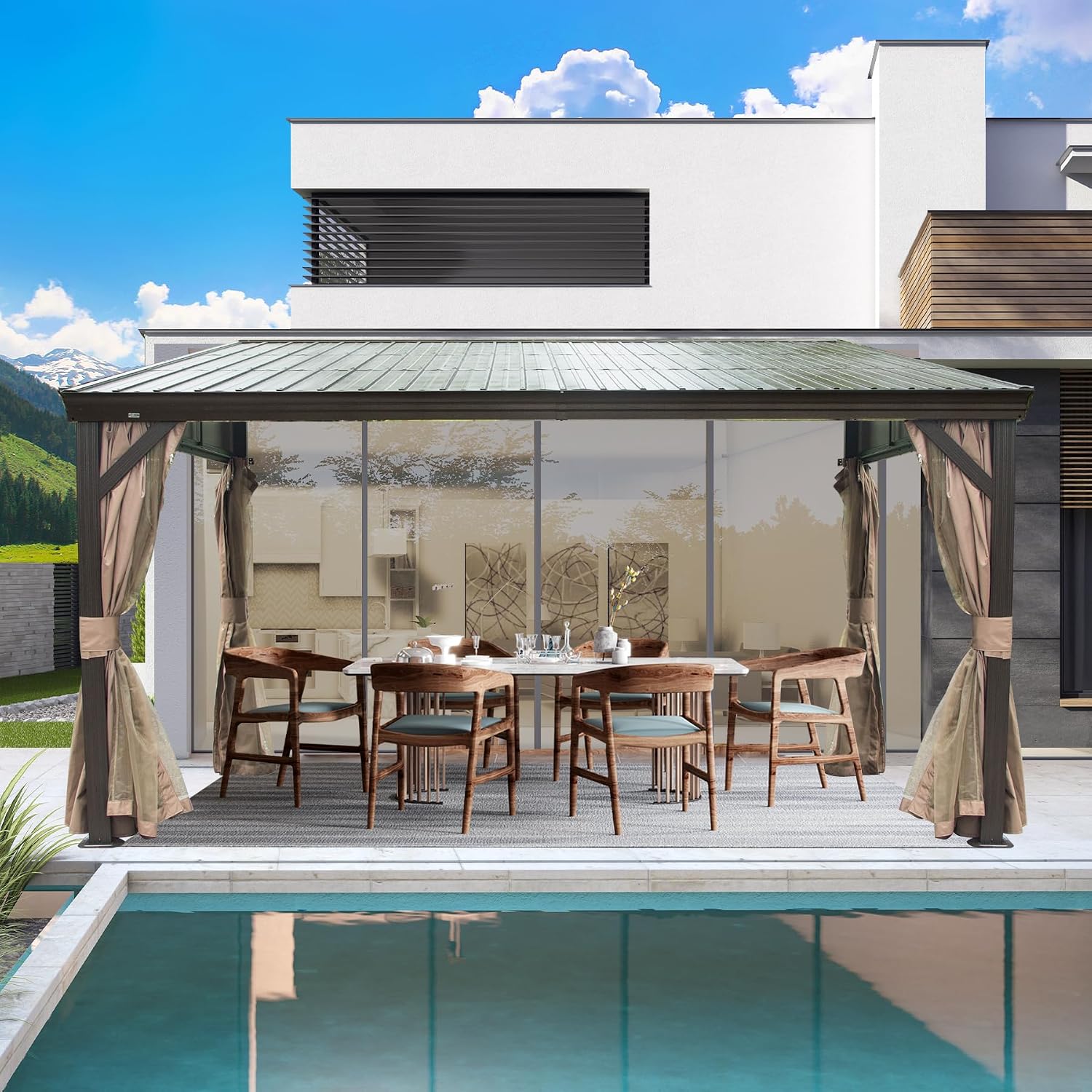 Domi 12x14FT Lean to Gazebo, Aluminum Wall Mounted Gazebo with Sloping Galvanized Steel Roof, Curtains and Netting, Outdoor Hardtop Gazebo Pergola for Patio, Deck, Garden, Backyard