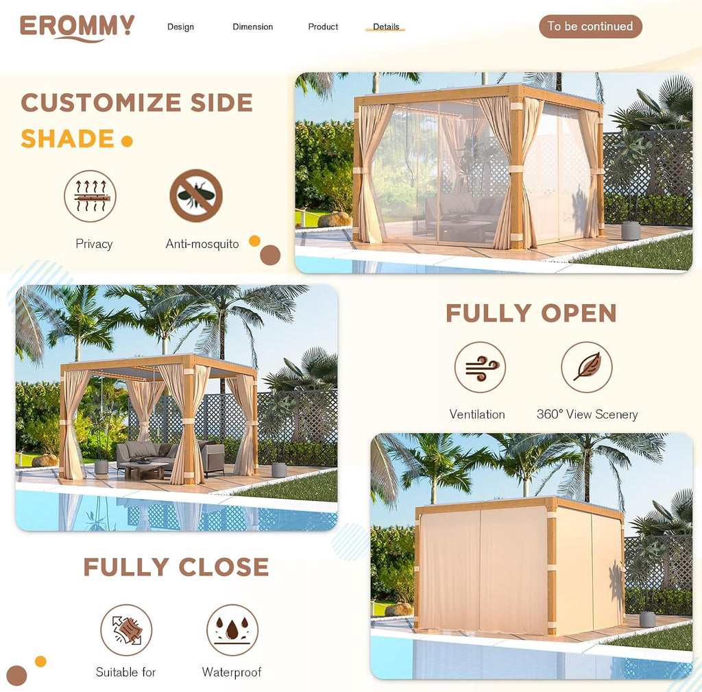 EROMMY Louvered Pergola 10x10, Outdoor Aluminum Pergola with Adjustable Rainproof Roof for Garden, Patio, Deck, Waterproof Curtains and Netting Included, Wood Grain