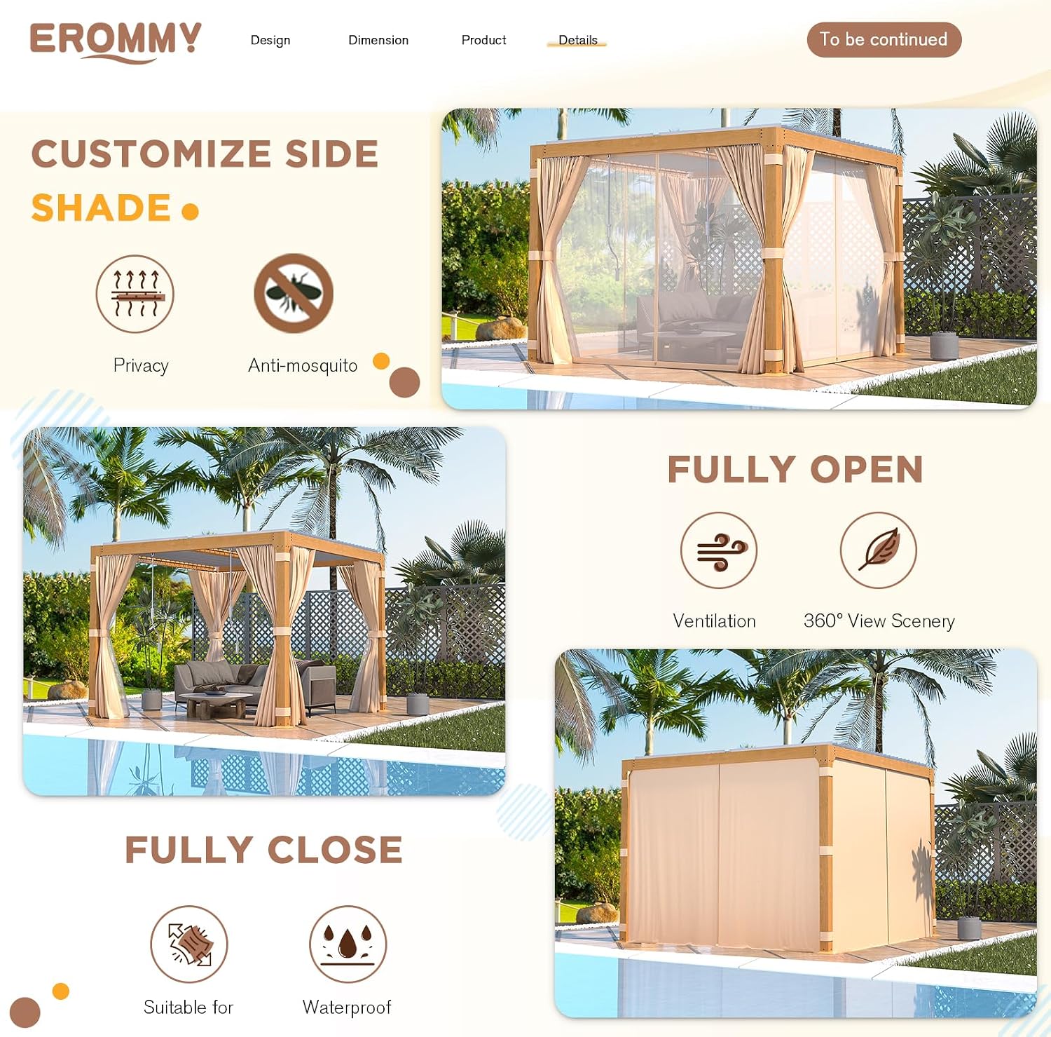EROMMY Louvered Pergola 10x10, Outdoor Aluminum Pergola with Adjustable Rainproof Roof for Garden, Patio, Deck, Waterproof Curtains and Netting Included, Wood Grain