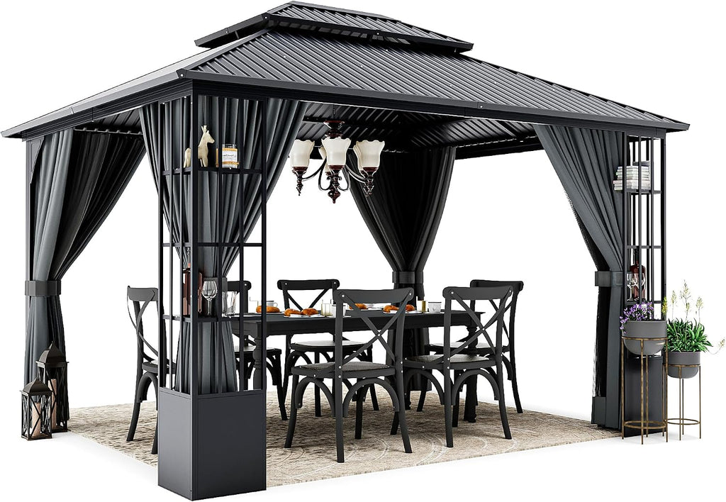 HAPPATIO 10' x 12' Hardtop Gazebo, Outdoor Gazebo with Netting and Curtains, Double Roof Permanent Patio Metal Canopy with Storage Shelf for Patio, Deck, Backyard (Gray)