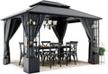 HAPPATIO 10' x 12' Hardtop Gazebo, Outdoor Gazebo with Netting and Curtains, Double Roof Permanent Patio Metal Canopy with Storage Shelf for Patio, Deck, Backyard (Gray)