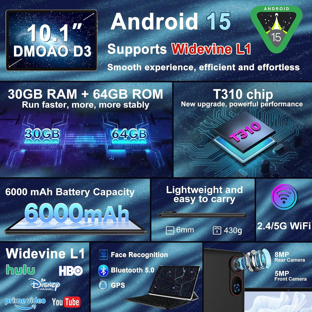 DMOAO Tablet, 2026 Android 15 Tablet with Gemini AI, 30GB RAM 64GB ROM /1TB TF, 6000mAh Battery, Octa-Core 2.0GHz, 10.1 Inch FHD Display, Widevine L1, 2 in 1 Tablets with Keyboard Mouse(Black)