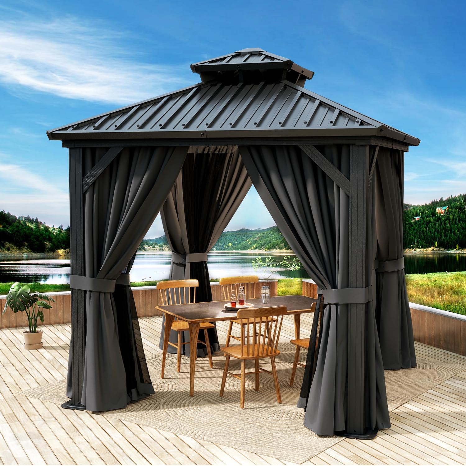 Double Roof Metal Pavilion, 8x8FT, Black and Grey, Sturdy and Spacious Outdoor Shelter, New Model for Garden, Patio, or Backyard