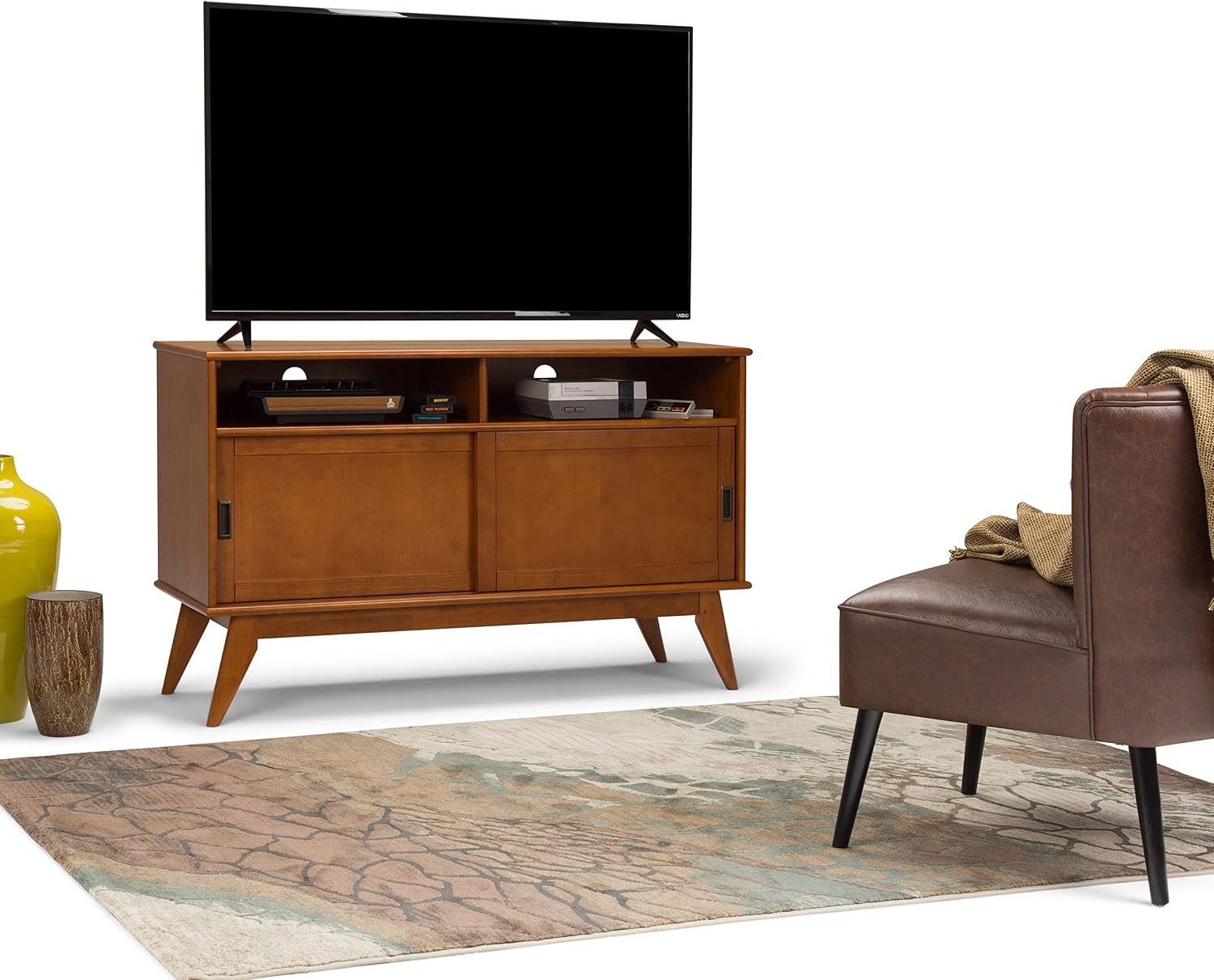 SIMPLIHOME Draper TV Stand - 54 inch Wide Solid Wood Tall Media Console in Teak Brown, Mid Century Modern Entertainment Center for Living Room for TVs up to 60 Inches with Shelves and Cable Management