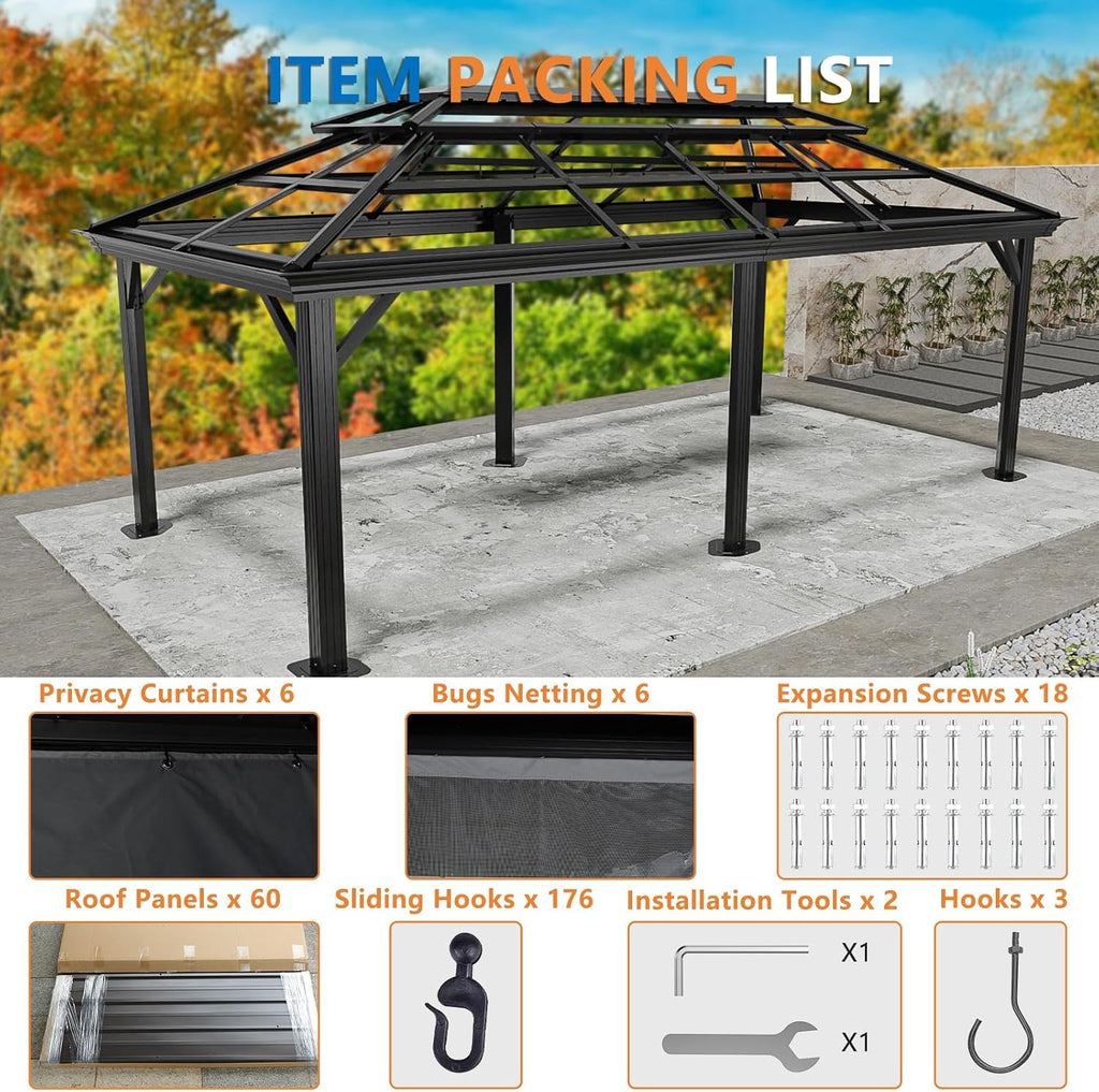 HOTEEL 12x20 Hardtop Gazebo with Metal Roof, Heavy Duty Galvanized Steel Gazebo with Reinforced Aluminum Frame, Flame-Resistant Curtains and Netting, Suitable for Gazebo 10x20, Black (Upgraded 1.0)