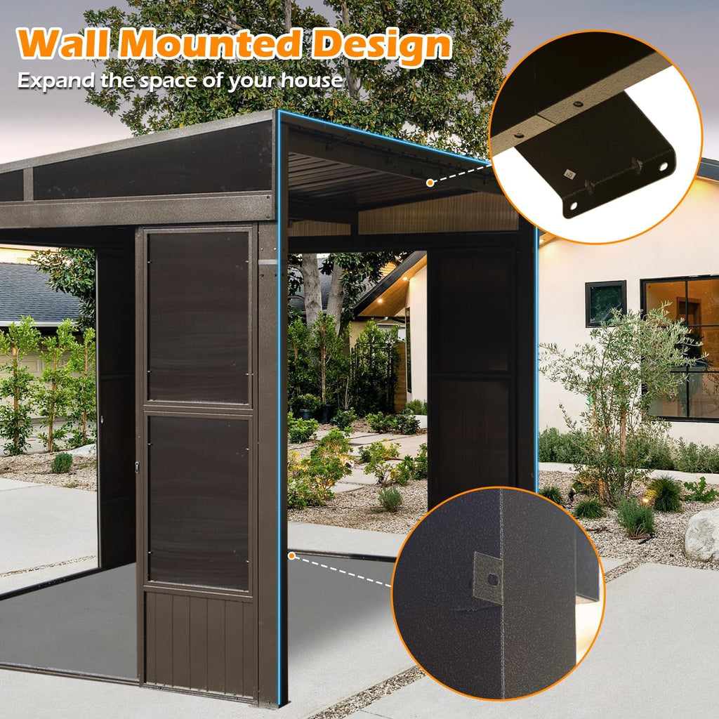 Domi 10x12FT Wall Mounted Sunroom 4 Season, Small Patio Solarium with 3 Sliding Double Doors, Enclosed Lean-to Hardtop Gazebo with Side Walls, Sun Room with Galvanized Steel Roof, Detachable PC Screen
