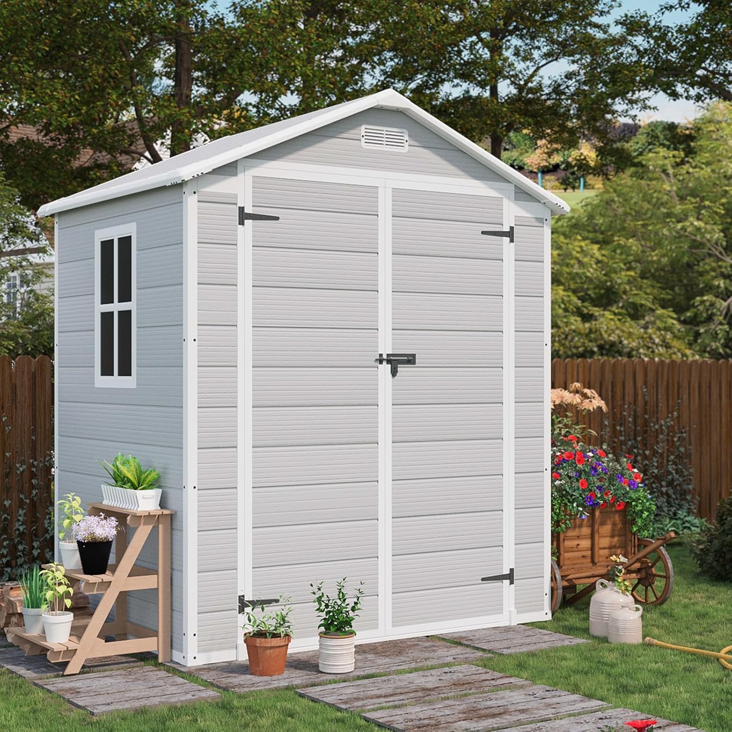 Patiowell 6x4 FT Resin Outdoor Storage Shed with Floor, Plastic Storage Shed with Lockable Door, Outside Shed Perfect to Store Patio Furniture, GardenTools Bike Accessories, Lawn Mower, Light Gray
