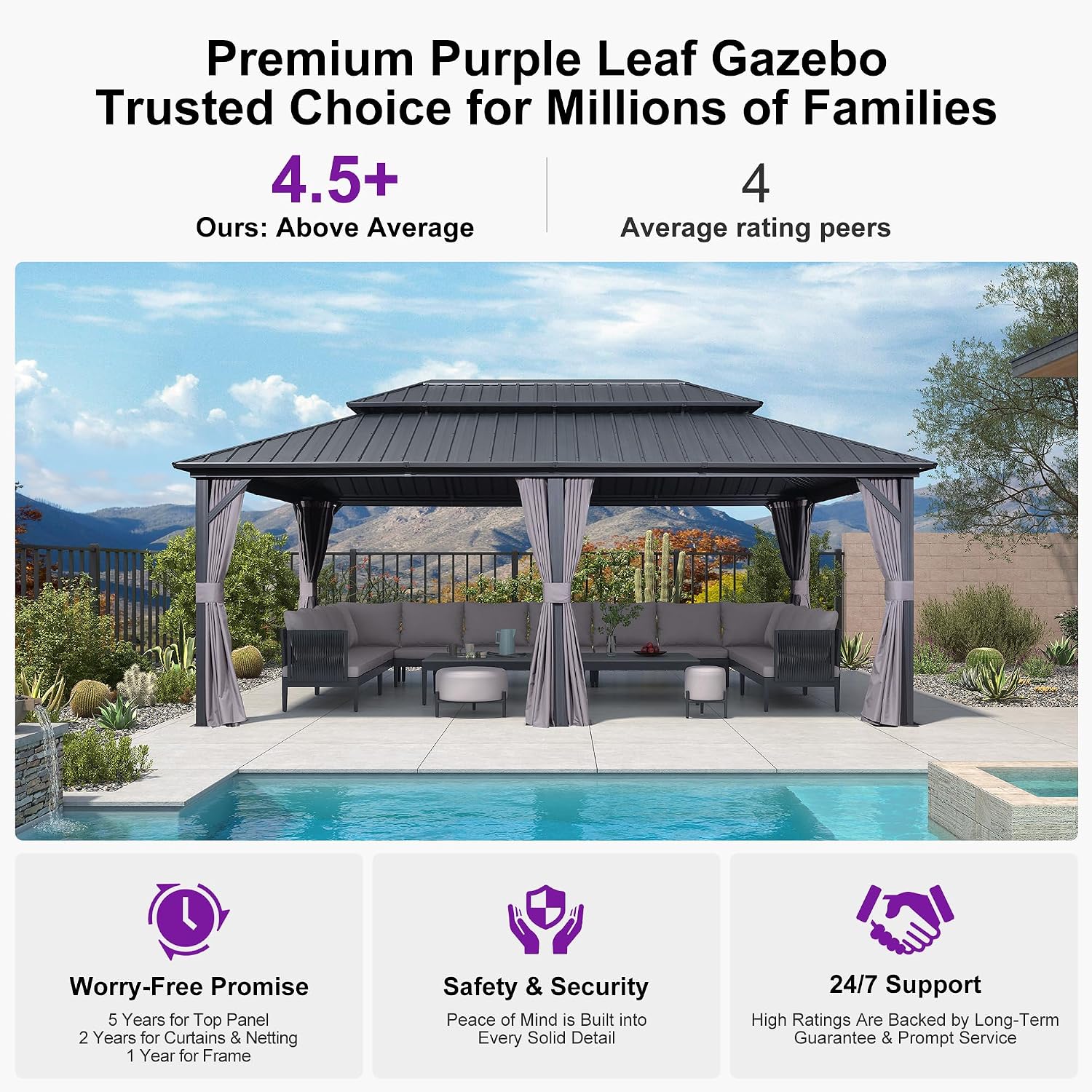 PURPLE LEAF 12'x20' Hardtop Gazebo with Lights Outdoor Pavilion Waterproof Double Roof Galvanized Steel for Patio and Garden Includes Netting and Curtains Grey