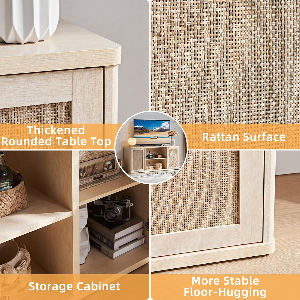 LEYAOYAO Rattan TV Stands for Living Room, Boho TV Cabinet with Storage and Open Shelf, Rustic Wood Entertainment Center, Media Console for 50-65 Inch TV, Light Wood