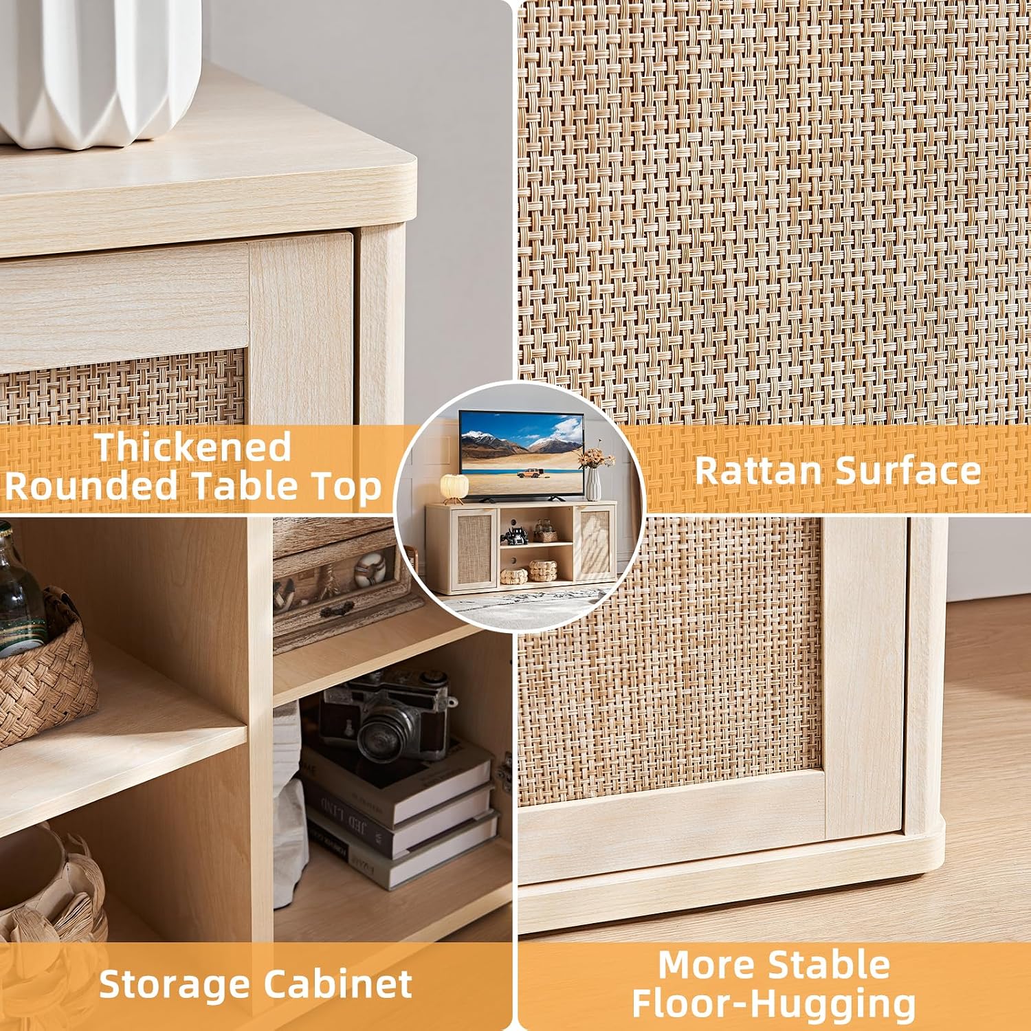 LEYAOYAO Rattan TV Stands for Living Room, Boho TV Cabinet with Storage and Open Shelf, Rustic Wood Entertainment Center, Media Console for 50-65 Inch TV, Light Wood