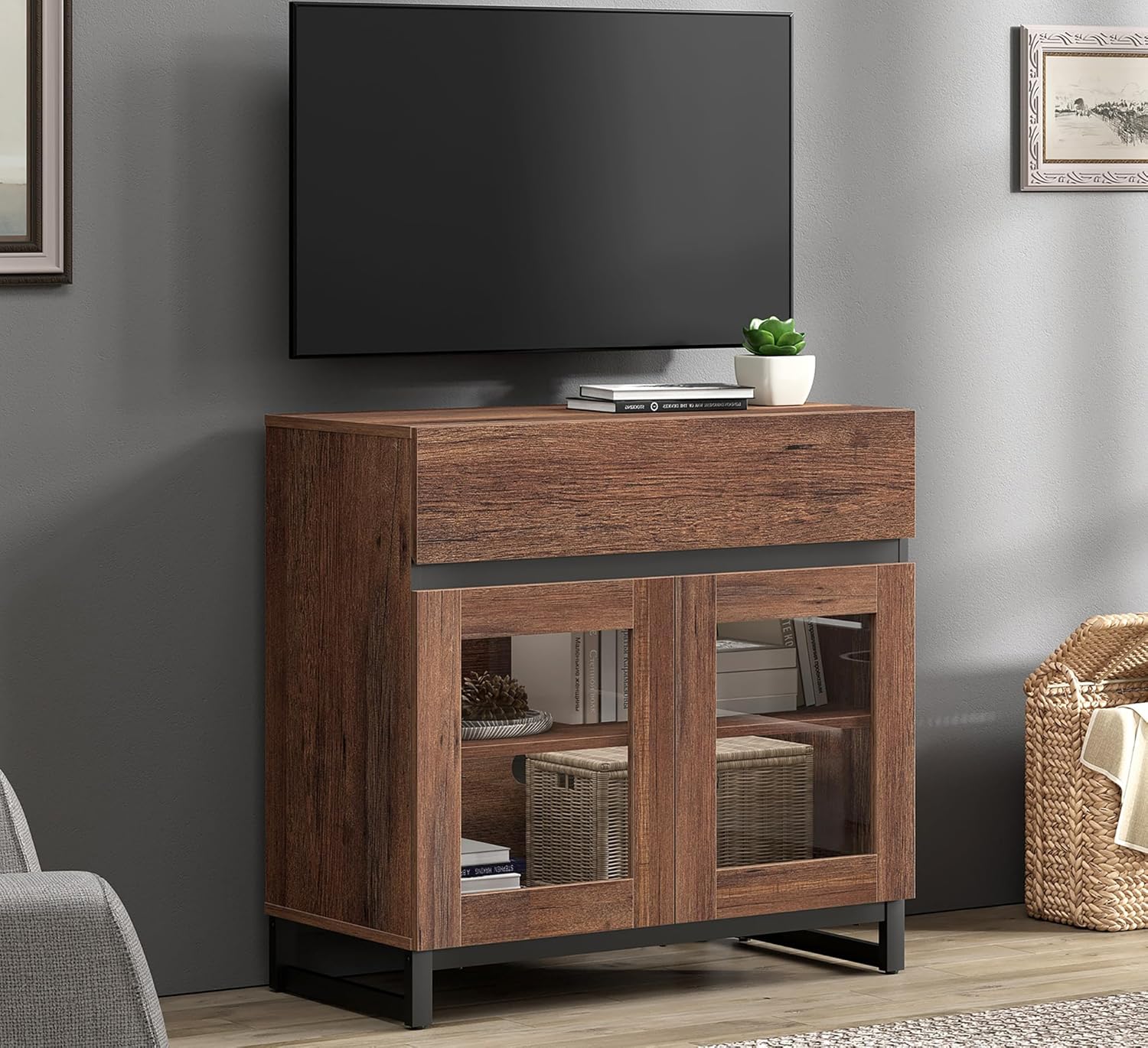WAMPAT Modern TV Stand with Glass Doors for 26-40 inch TVs, Entertainment Center Console with Drawer and Metal Base for Living Room, Bedroom, Brown
