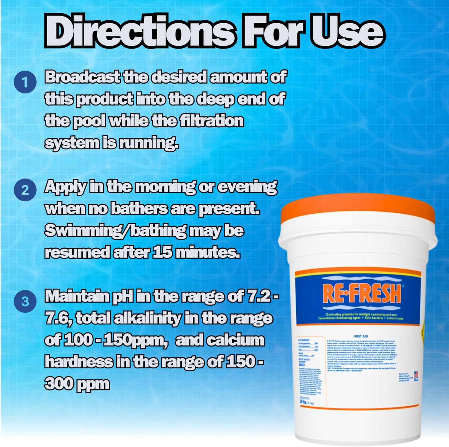 Refresh Granular 68% Active Chlorine Shock | 50-Pound Bucket with 1/2 Pound Scoop | Perfect for Swimming Pools, Use As Bactericide, Algaecide, Disinfectant in Pools & Spas | Fast Dissolving - 50LB