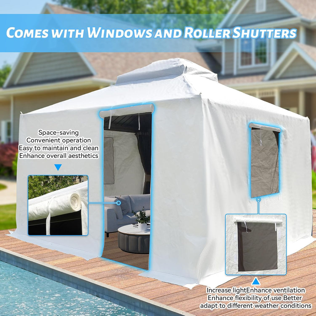 Domi 10'x10' Universal Winter Gazebo Cover, All Season Waterproof Enclosed Cover with Sidewalls and Mesh Windows, White