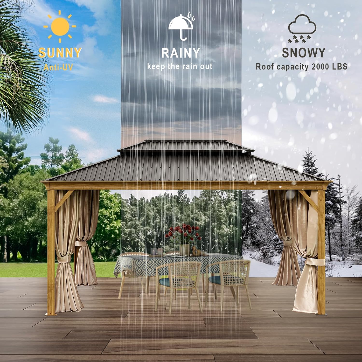 12x14ft Hardtop Gazebo, Wooden Finish Coated Aluminum Frame Canopy with Galvanized Steel Double Roof, Outdoor Permanent Metal Pavilion with Curtains & Netting for Garden, Brown (Wooden 12x14 Ft)