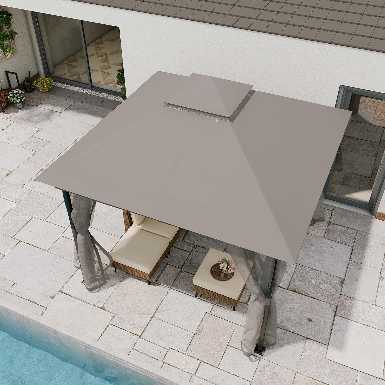 LAUSAINT HOME 10'x10' Outdoor Patio Gazebo with Mosquito Netting, Double Roof Outdoor Gazebo Pavilion Shelter for Backyard, Garden, Lawn, Wedding (Grey)