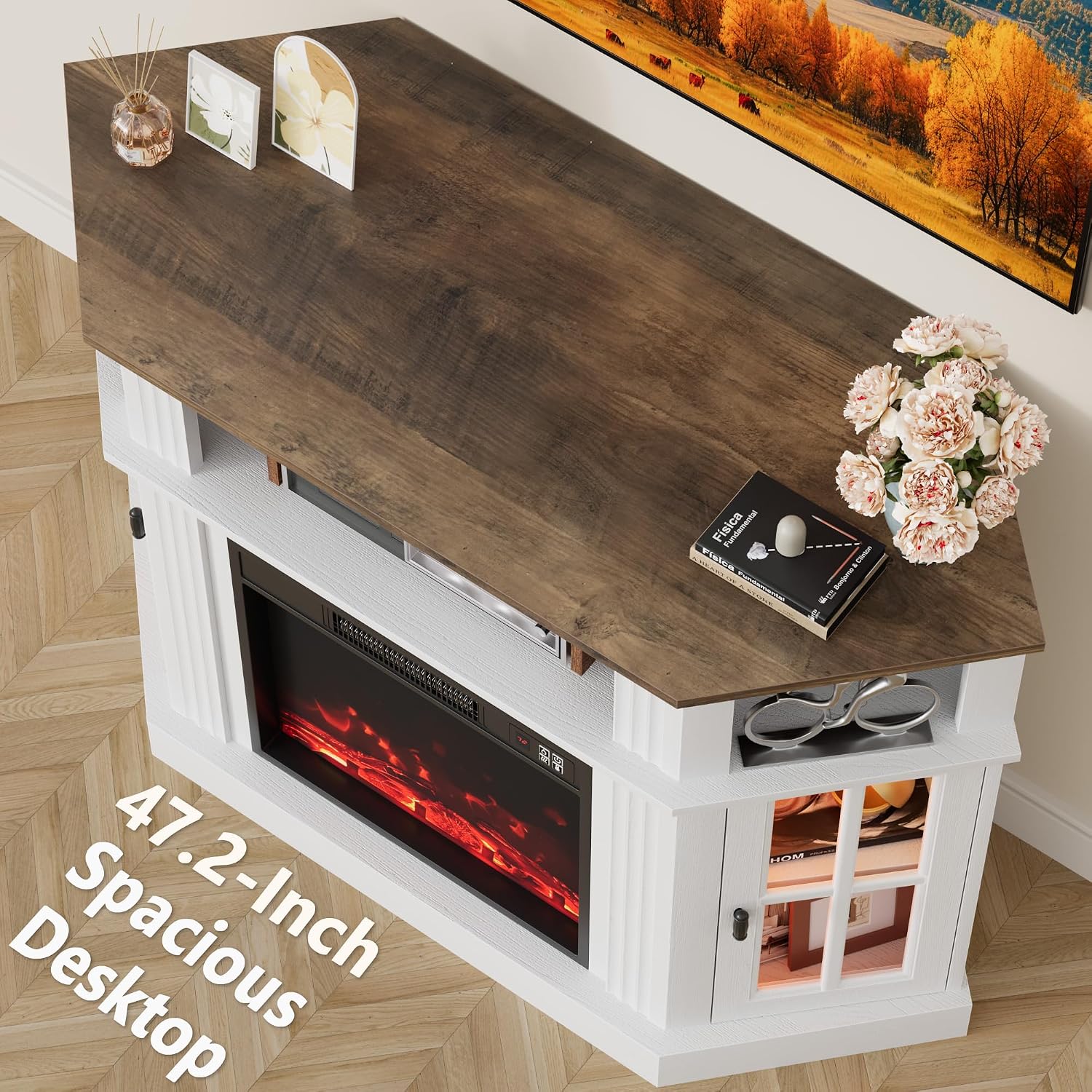 Furmax Fireplace Corner TV Stand for Up to 55 Inch, Modern Console with 18 Inch Electric Fireplace, Entertainment Center with Open Shelf and Storage Cabinets for Living Room (LED Antique White)