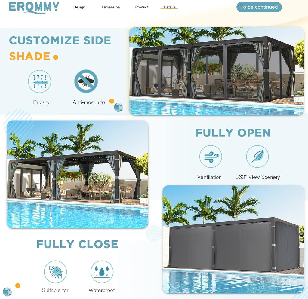 EROMMY 12x20FT Louvered Pergola Outdoor Sun Shade Shelter with Aluminum Frame and Adjustable Metal Rainproof Roof for Garden & Patio, Curtains and Netting Included, Gray-Black