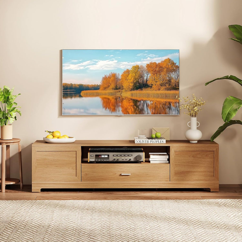 Giantex TV Stand for 60-80 Inch TV, Farmhouse Modern Entertainment Center with Storage Cabinets, Drawer & Cable Hole, Wooden Media TV Console Table for Living Room, Bedroom