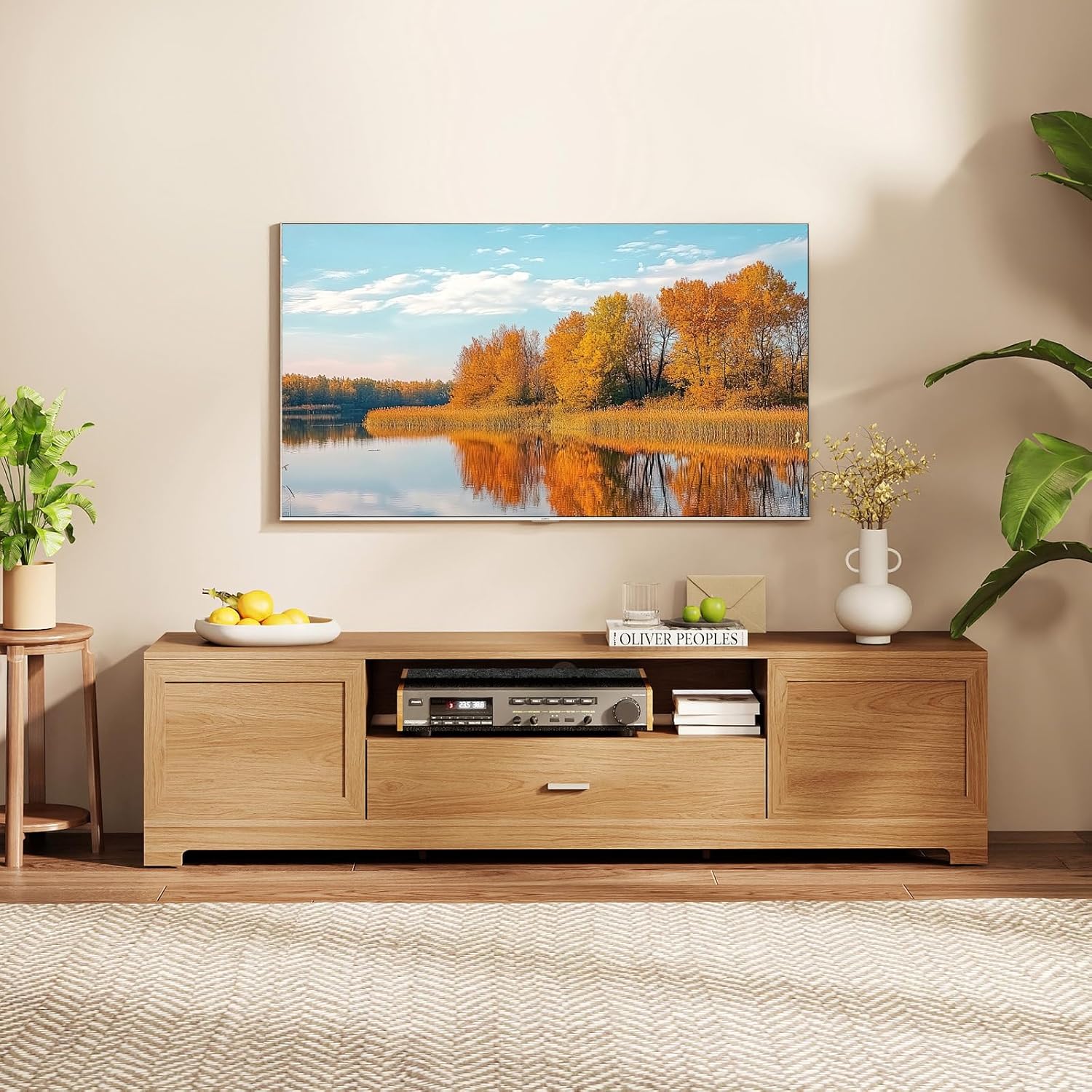 Giantex TV Stand for 60-80 Inch TV, Farmhouse Modern Entertainment Center with Storage Cabinets, Drawer & Cable Hole, Wooden Media TV Console Table for Living Room, Bedroom