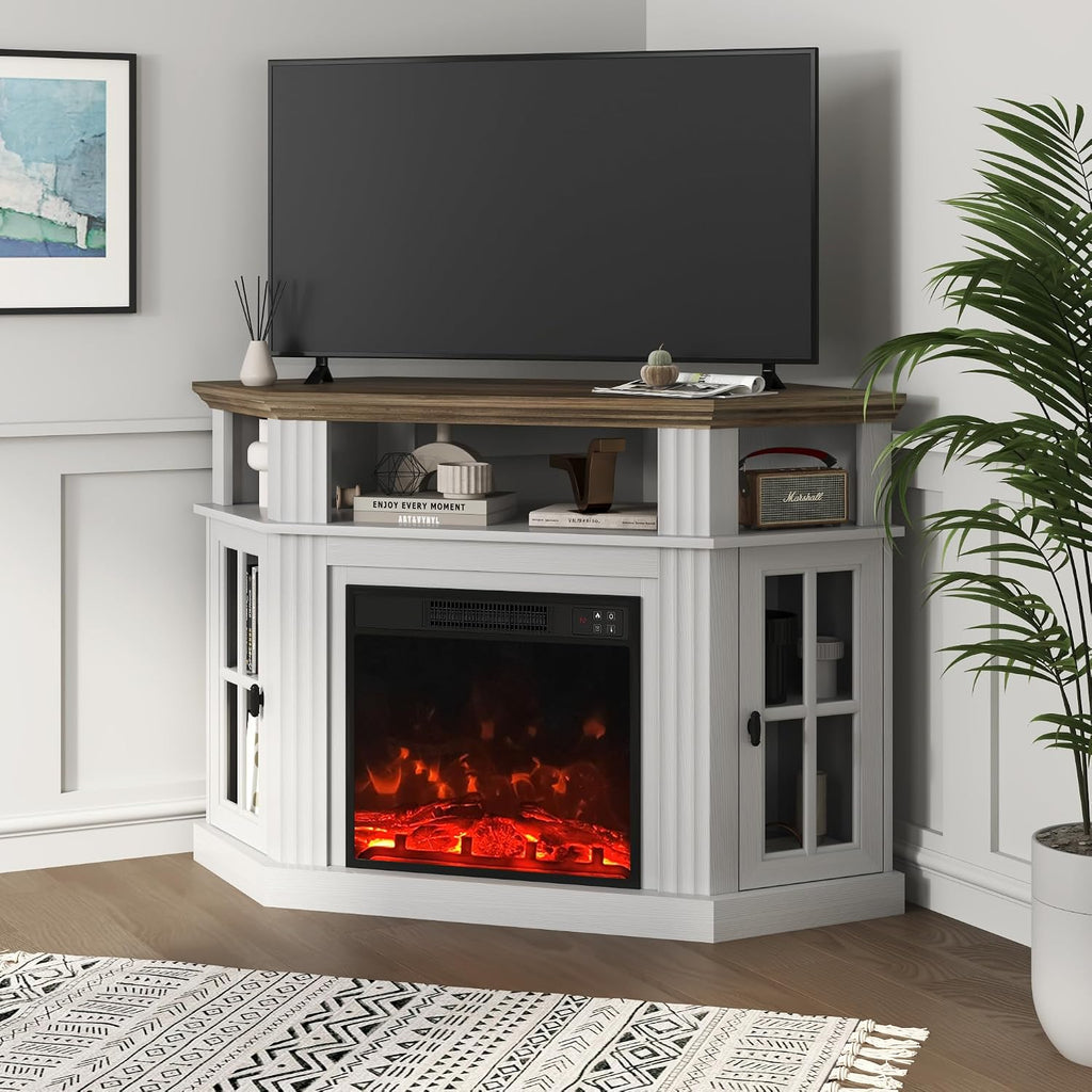 YESHOMY Corner Fireplace TV Stand for Television up to 55' with Storage Cabinets, Entertainment Center, Media Console for Living Room, Bedroom, White＆Rustic