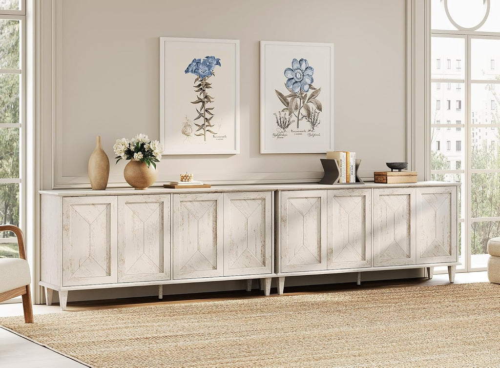 WAMPAT 130' Large Double Unit Entertainment Center TV Stand, Modern Farmhouse Console with Handcrafted Patchwork Doors, Massive Storage with Adjustable Shelves & Cable Management,Pale Oak