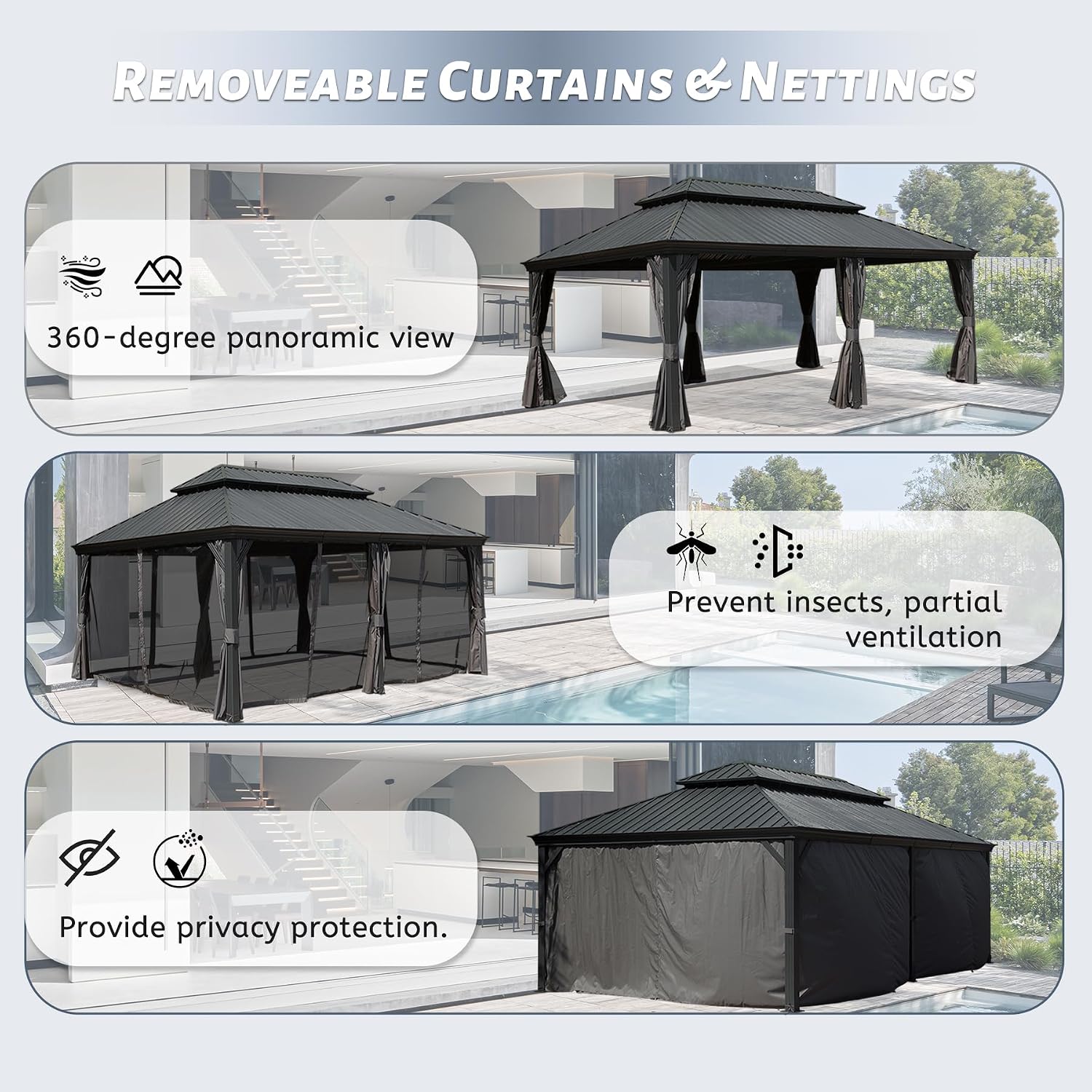 14' x 20' Outdoor Hardtop Gazebo with Gutters, Double Roof Galvanized Metal Gazebo for Backyard, Patio, Deck, Hot Tub, Heavy Duty Canopy Permanent Pavilion with Curtains and Netting, Grey