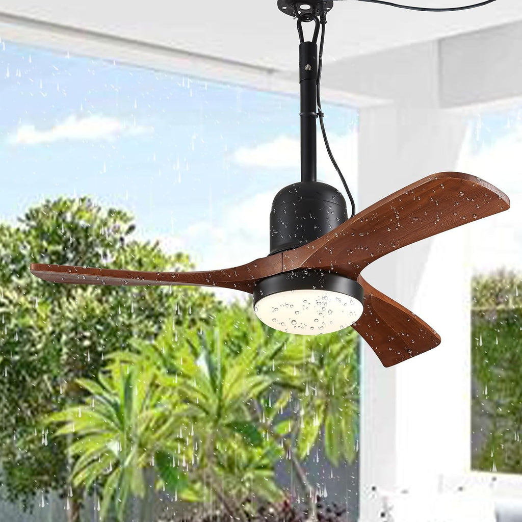 34 Inch Outdoor Ceiling Fan with Light and Remote, Wet Rated Gazebo Fan with 16 ft Plug in Cord, Farmhouse Wood 3 Blade Hanging Ceiling Fan for Patio Porch Pergola, Quiet Reversible DC Motor