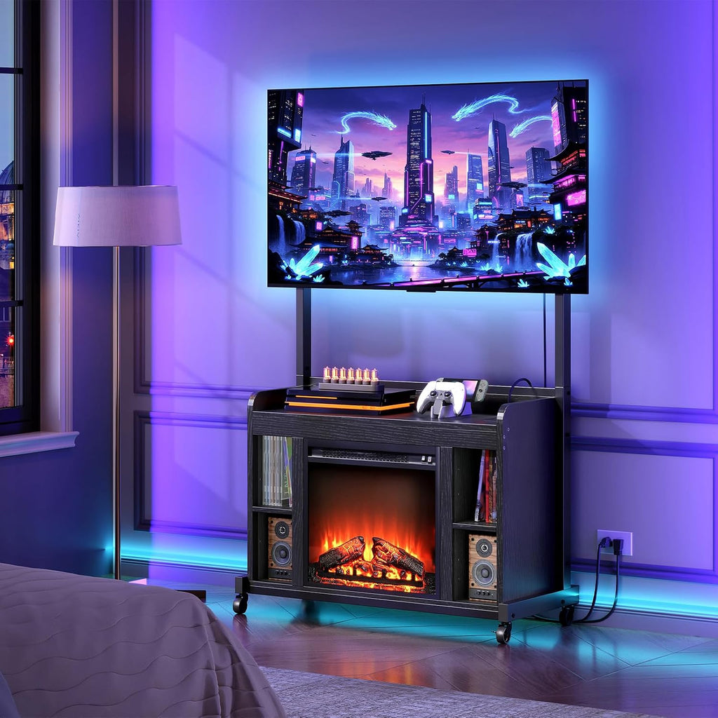 RALGEND Fireplace TV Stand with Mount for 45/55/60/65/75 inch TVs, Corner Entertainment Center with Power Outlet and 18' Electric Fireplace, Height Adjustable TV Console for Living Room Bedroom, Black