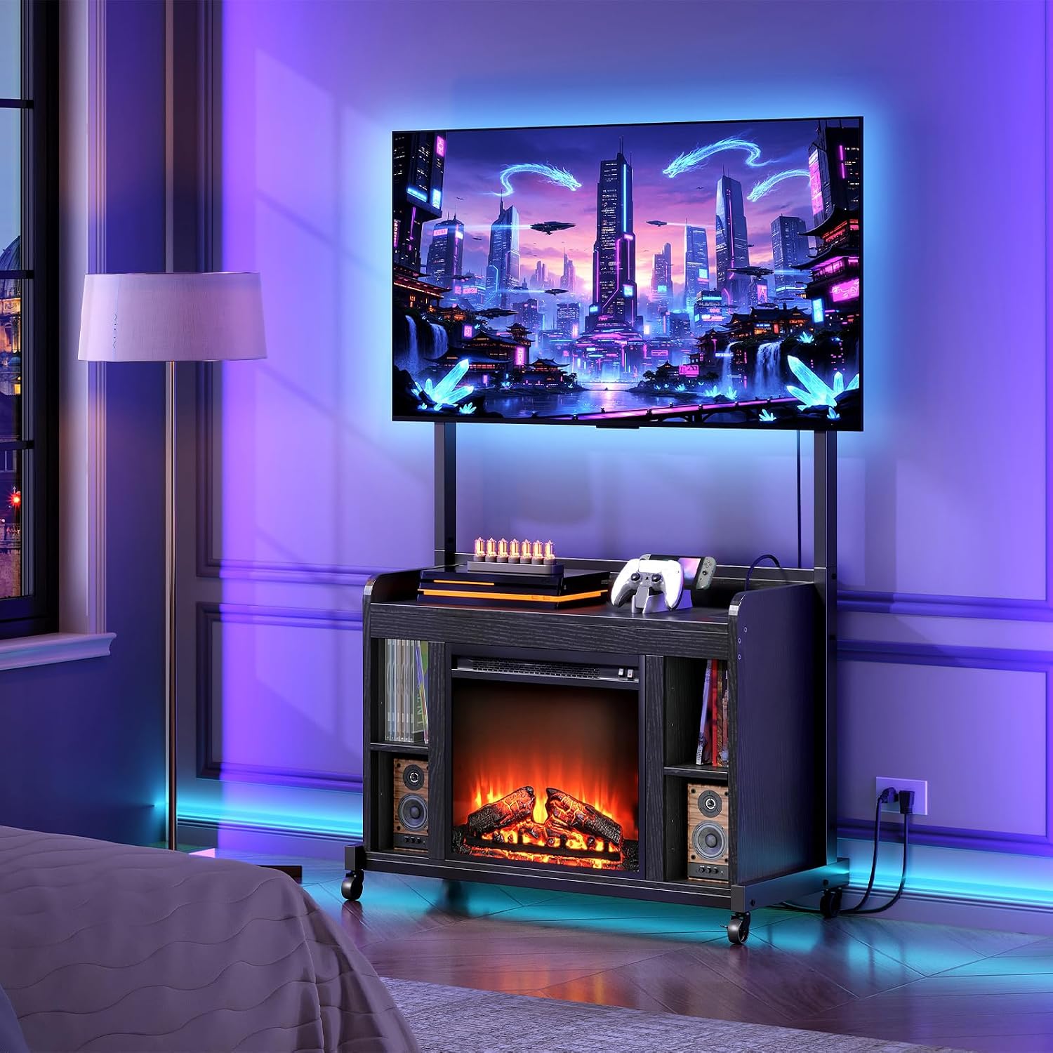 RALGEND Fireplace TV Stand with Mount for 45/55/60/65/75 inch TVs, Corner Entertainment Center with Power Outlet and 18' Electric Fireplace, Height Adjustable TV Console for Living Room Bedroom, Black