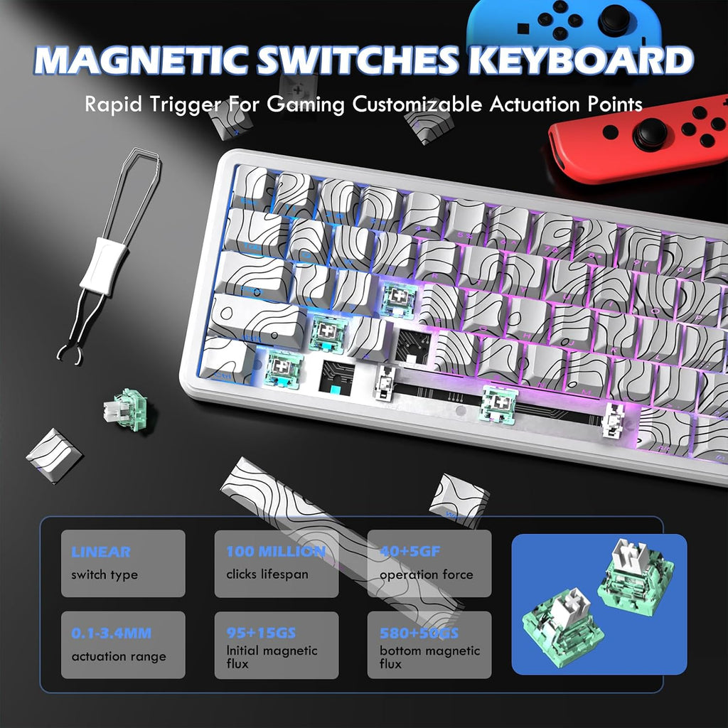 ATTACK SHARK X11 & X65 PRO HE Rapid Trigger Hall Effect Keyboard,60% Magnetic Keyboard 8K Polling Rate RGB Hot Swap,Wireless Gaming Mice with Charging Dock 22K DPI,BT/2.4Ghz/Wired,Coiled Cable-White