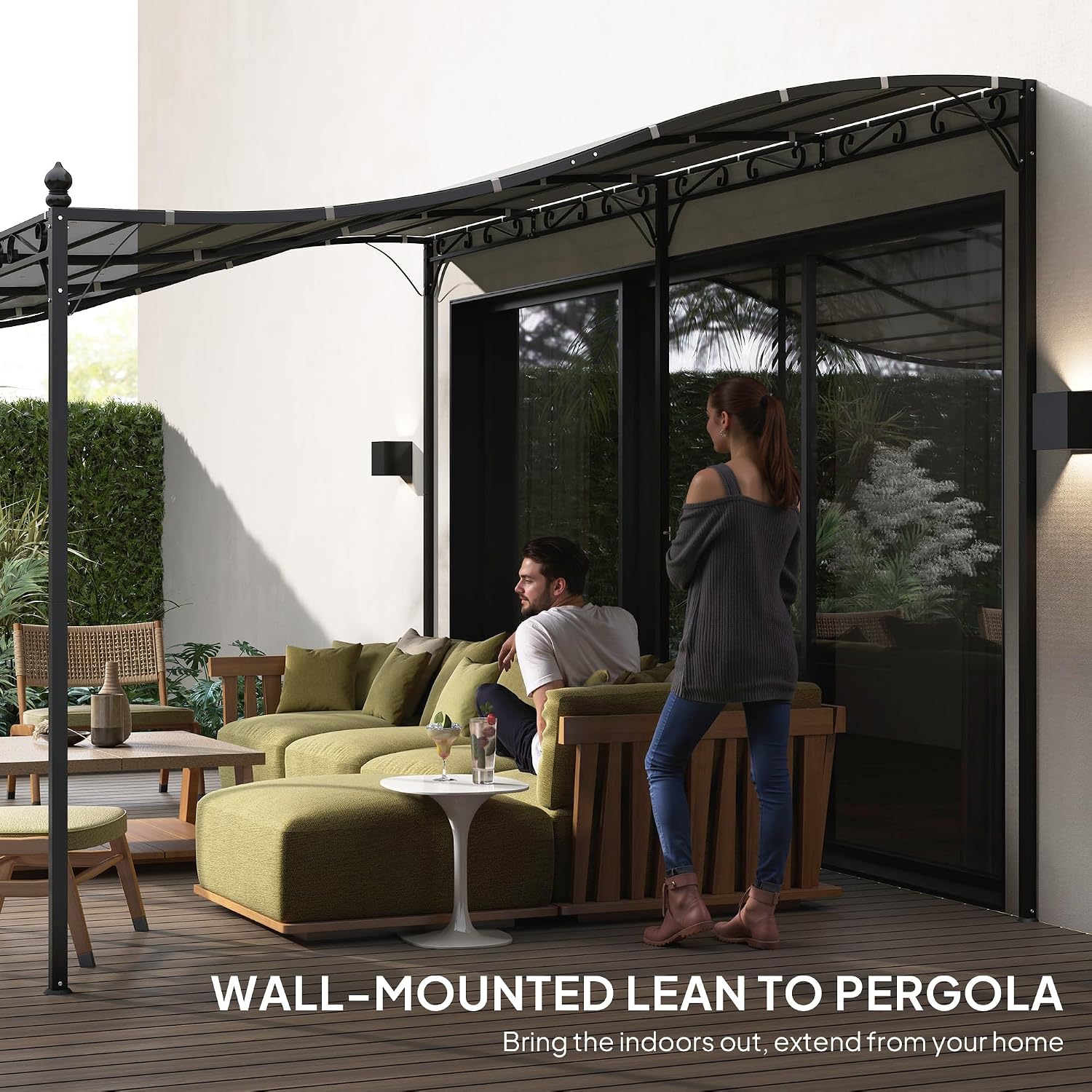 Outsunny 10' x 20' Outdoor Pergola Canopy, Wall-Mounted Metal Patio Canopy with Weather-Resistant Fabric and Drainage Holes for Backyard Garden Porch Beach, Dark Gray
