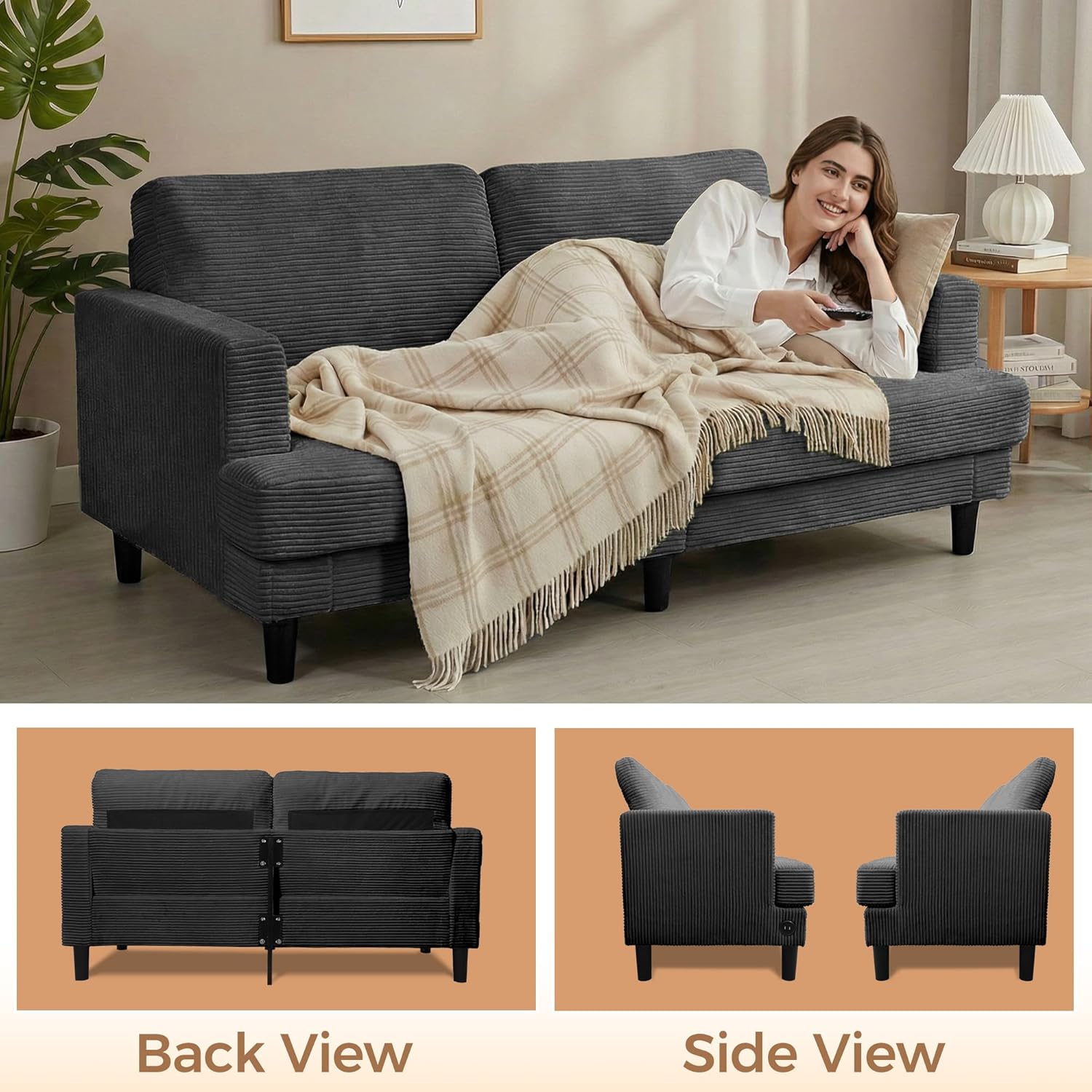 MAKIAAP 70' Loveseat Sofa for Living Room, Comfy Corduroy Couch with USB & Type-C Ports, Modern 2-Seater Deep Seat Small Couch for Bedroom, Apartment, Office – Soft Cushions & Sturdy Frame (Gray)