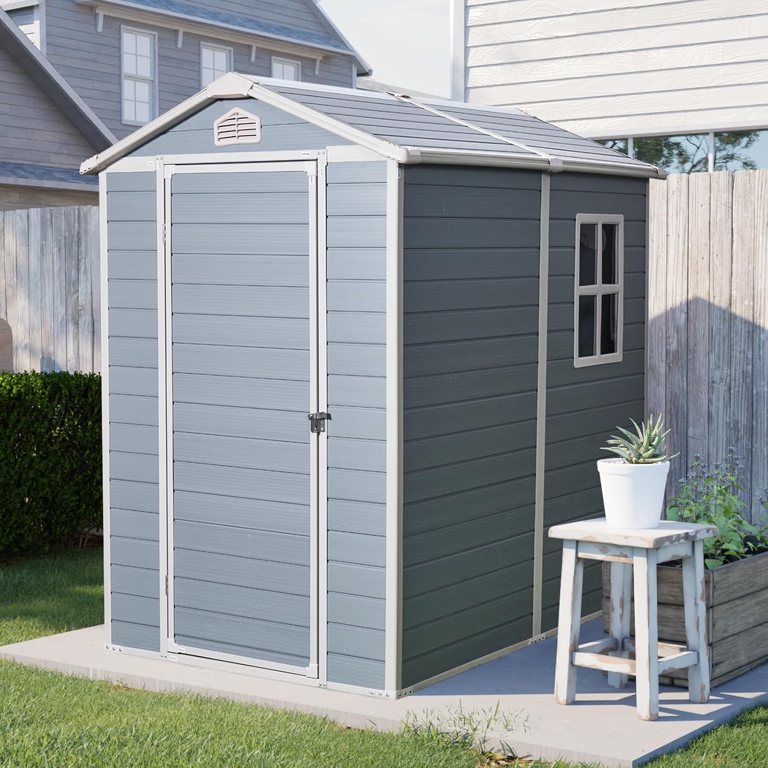 4x6 ft Outdoor Resin Storage Shed with Floor, Waterproof Plastic Garden Shed with Lockable Door and Windows, All-Weather Tool Sheds for Backyard, Patio, Lawn (Grey)