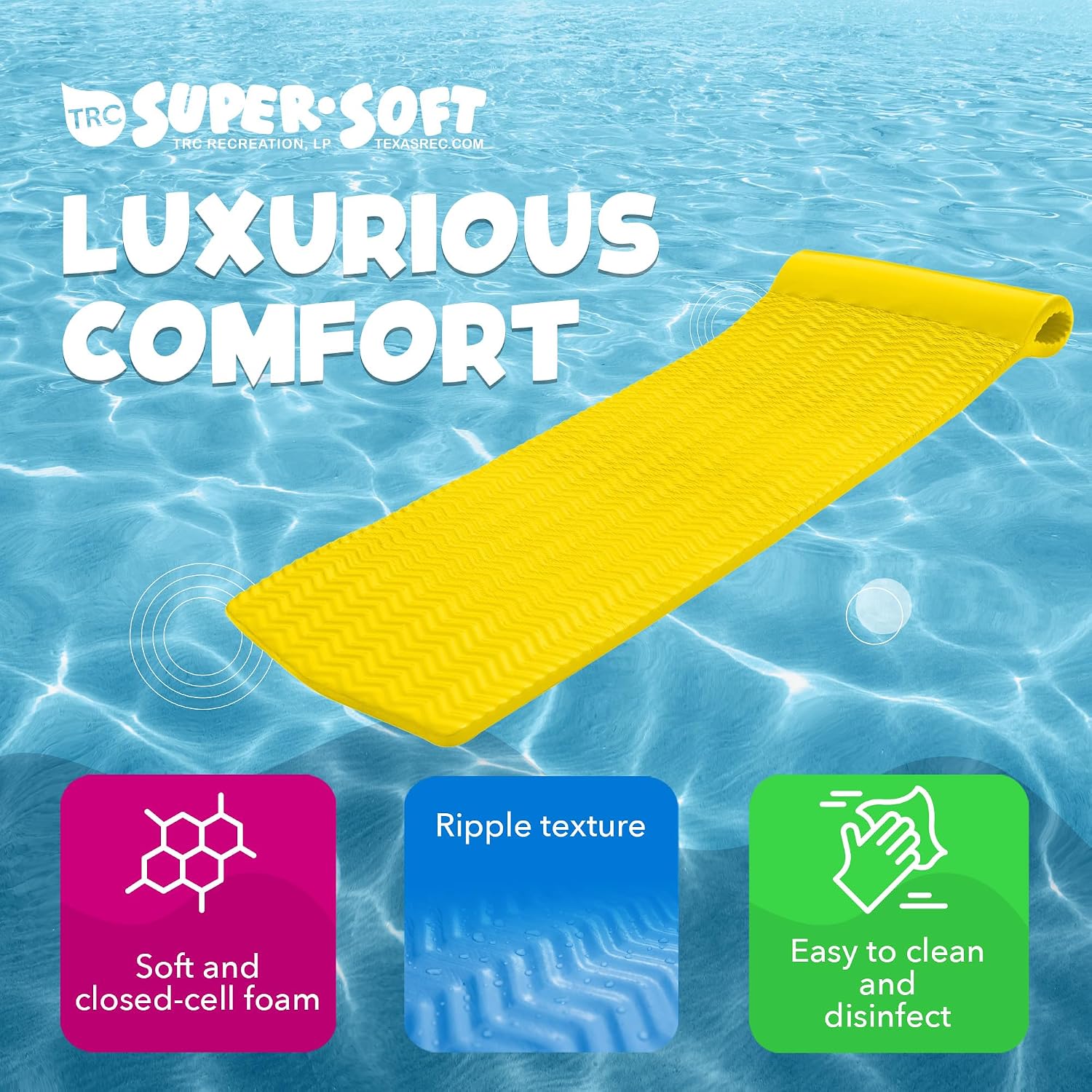 TRC Recreation Serenity 1.5' Thick Vinyl Coated Foam Swimming Pool Float Mat Adult Lounger with Built-in Roll Pillow