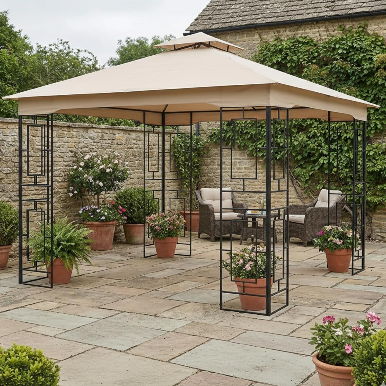 Garden Winds Reinforced RipLock 350 Replacement Canopy Top Cover Compatible with Garden Treasures 10' x 10' Gazebo Model L-GZ724PST-B - Beige