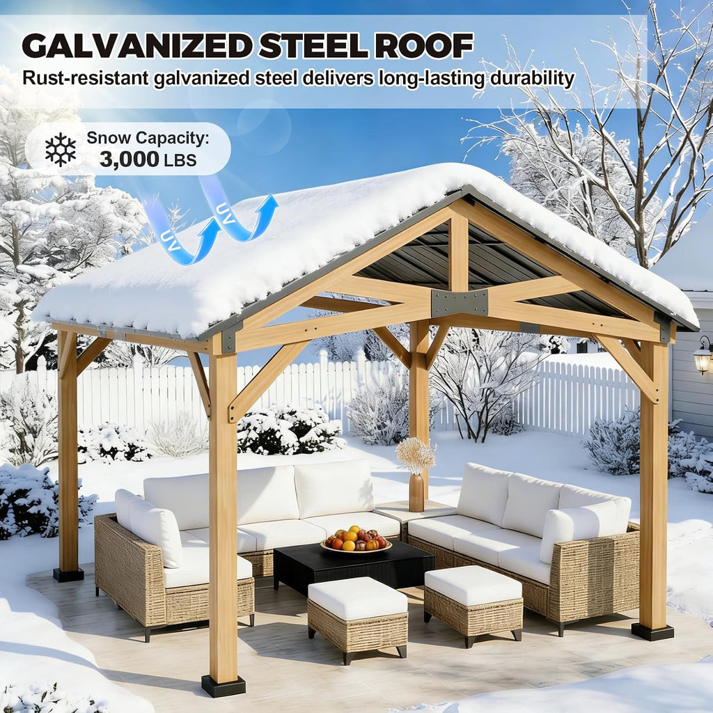 13x15 Hardtop Gazebo, Galvanized Steel Gable Roof Exposed Beam A-Frame Outdoor Pavilion with Cedar Wood Frame, Patio Gazebo for Deck, Garden, Lawn, Natural Wood/Black