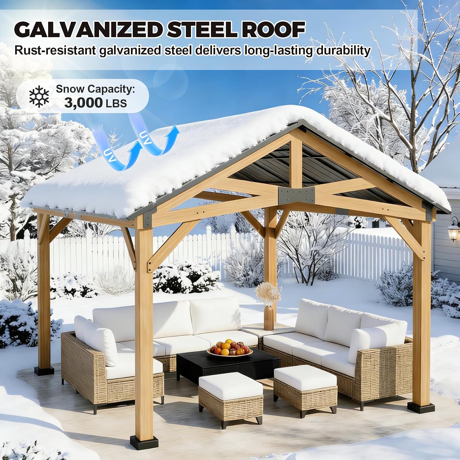 13x15 Hardtop Gazebo, Galvanized Steel Gable Roof Exposed Beam A-Frame Outdoor Pavilion with Cedar Wood Frame, Patio Gazebo for Deck, Garden, Lawn, Natural Wood/Black